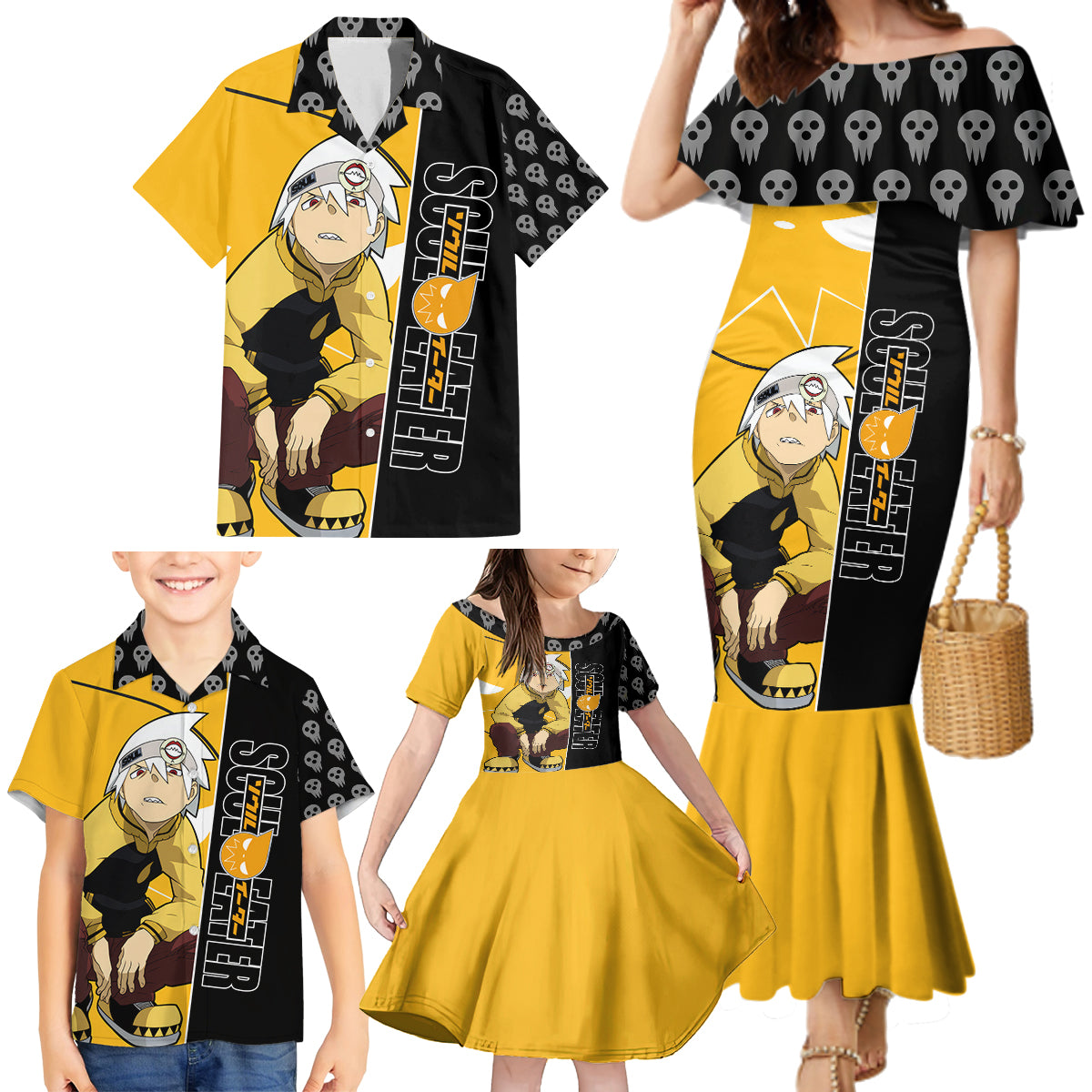 Evans Soul Eater Family Matching Mermaid Dress and Hawaiian Shirt Anime Art Mix With Skull Pattern Style