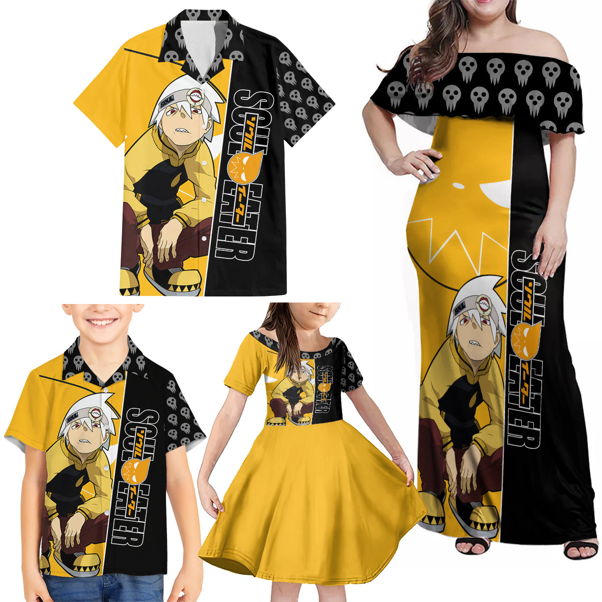 Evans Soul Eater Family Matching Off Shoulder Maxi Dress and Hawaiian Shirt Anime Art Mix With Skull Pattern Style