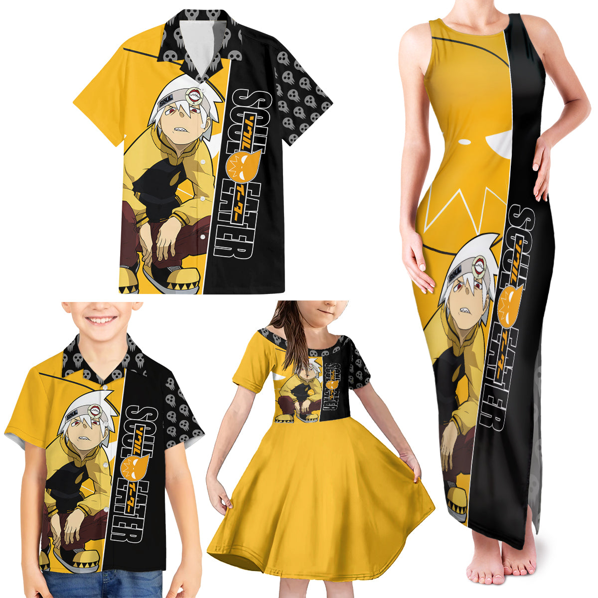 Evans Soul Eater Family Matching Tank Maxi Dress and Hawaiian Shirt Anime Art Mix With Skull Pattern Style