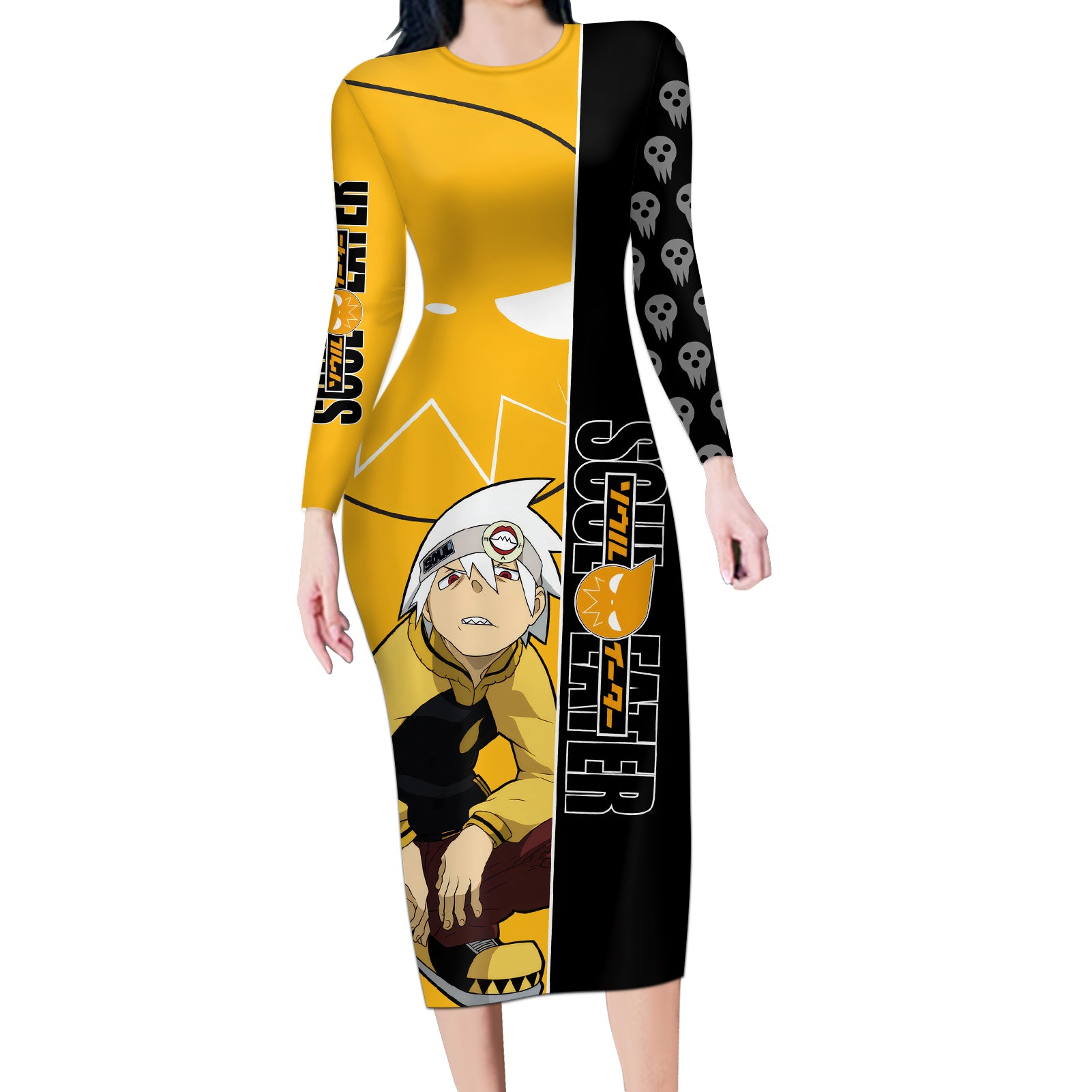 Evans Soul Eater Long Sleeve Bodycon Dress Anime Art Mix With Skull Pattern Style