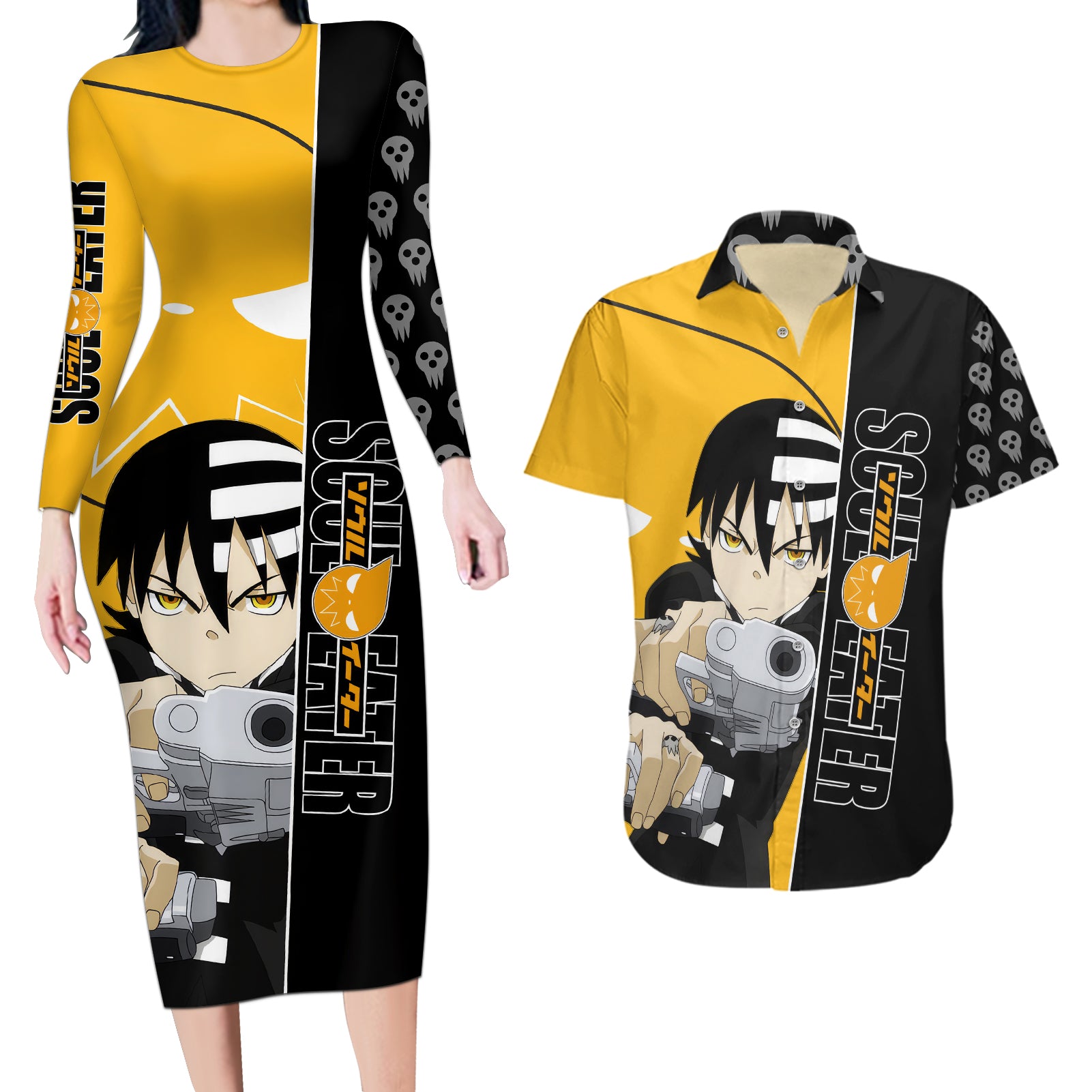 Death the Kid Soul Eater Couples Matching Long Sleeve Bodycon Dress and Hawaiian Shirt Anime Art Mix With Skull Pattern Style