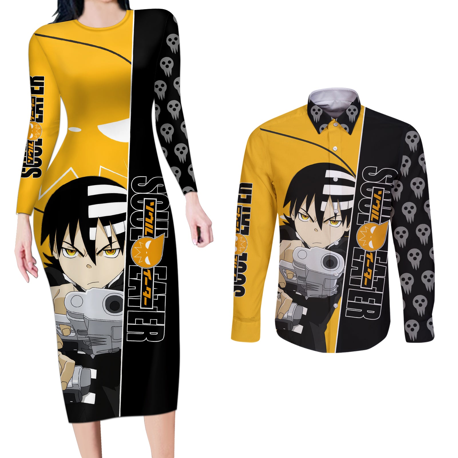 Death the Kid Soul Eater Couples Matching Long Sleeve Bodycon Dress and Long Sleeve Button Shirt Anime Art Mix With Skull Pattern Style