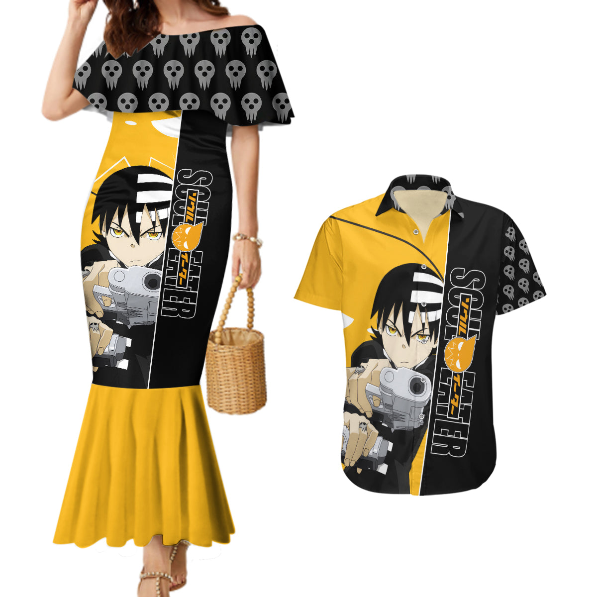 Death the Kid Soul Eater Couples Matching Mermaid Dress and Hawaiian Shirt Anime Art Mix With Skull Pattern Style