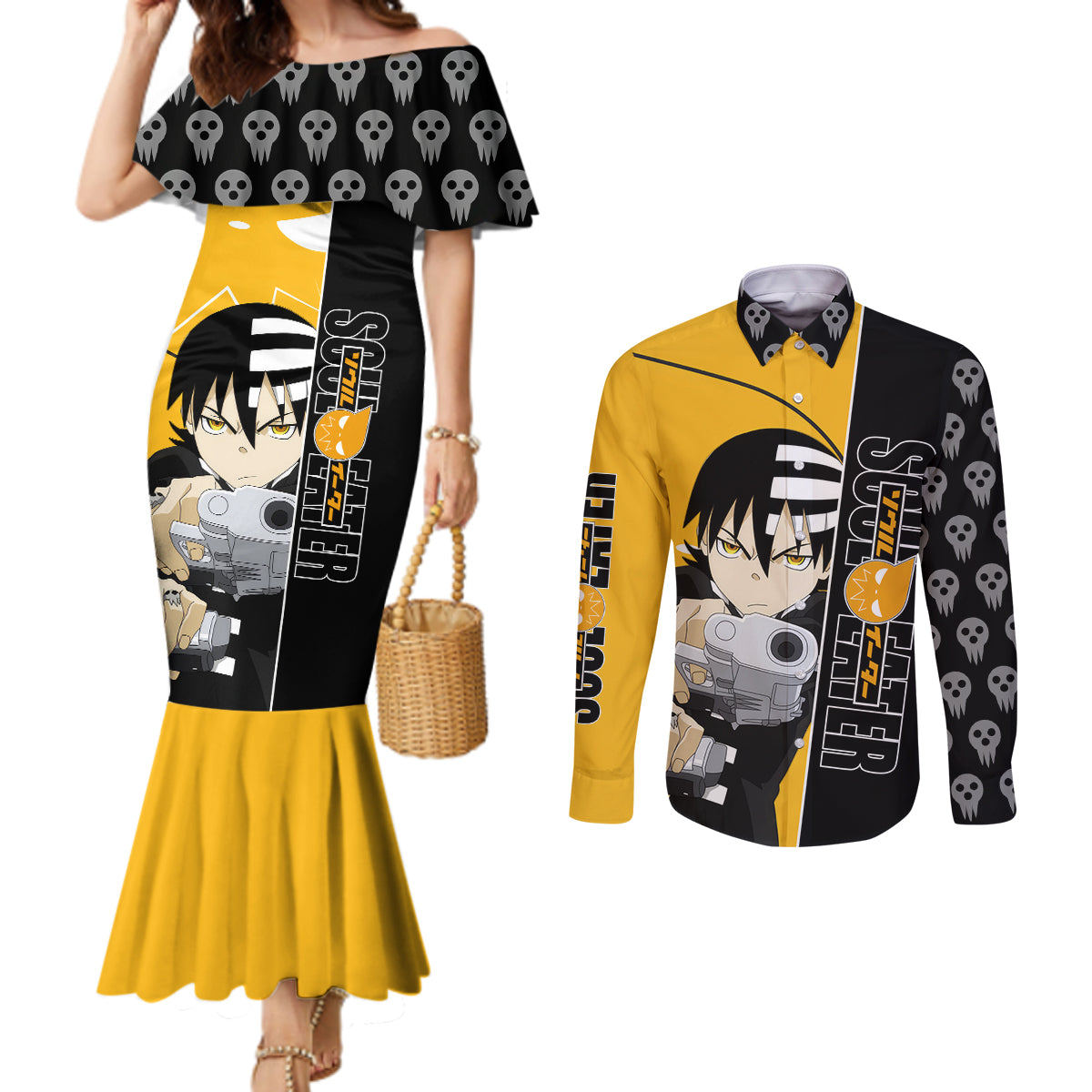 Death the Kid Soul Eater Couples Matching Mermaid Dress and Long Sleeve Button Shirt Anime Art Mix With Skull Pattern Style