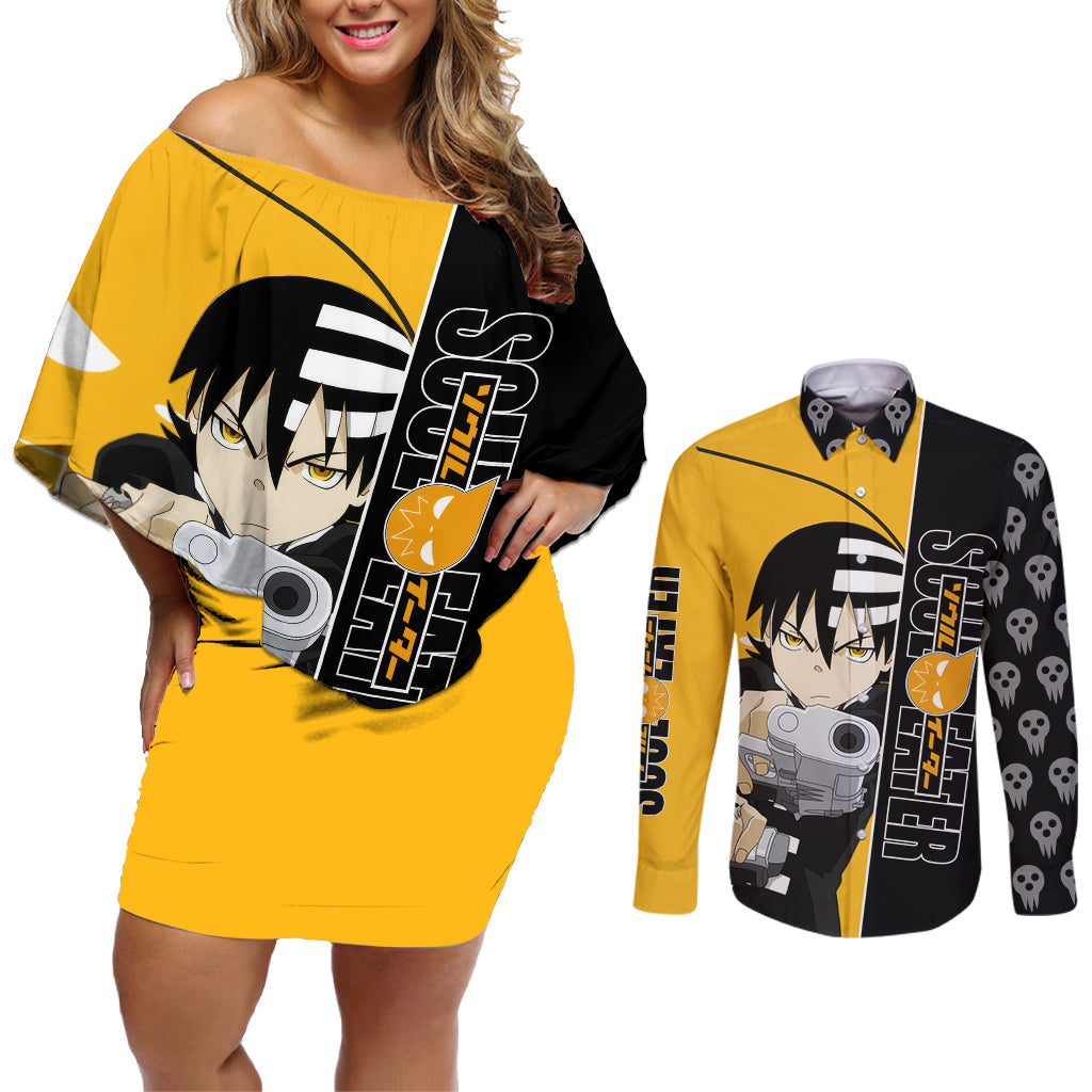 Death the Kid Soul Eater Couples Matching Off Shoulder Short Dress and Long Sleeve Button Shirt Anime Art Mix With Skull Pattern Style