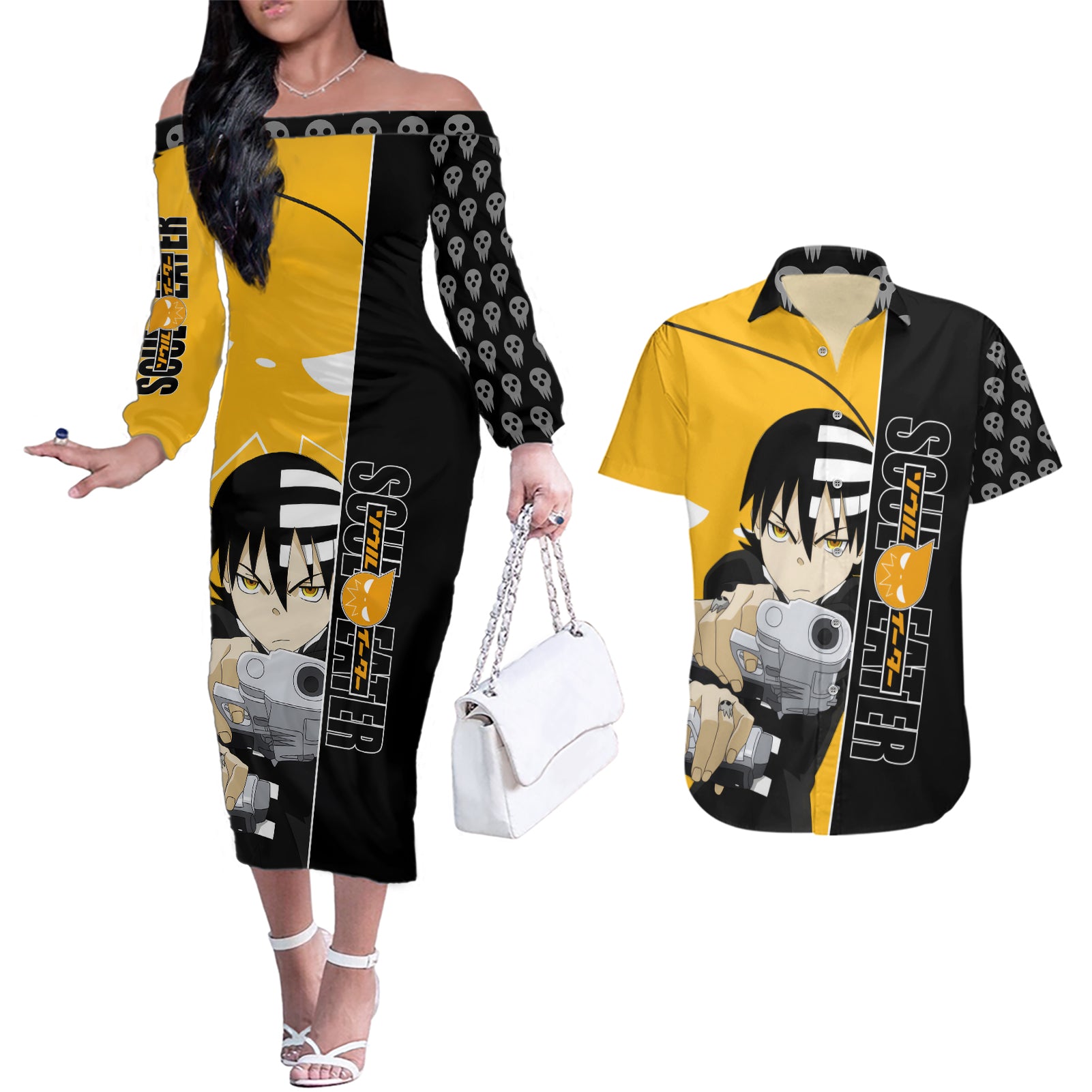 Death the Kid Soul Eater Couples Matching Off The Shoulder Long Sleeve Dress and Hawaiian Shirt Anime Art Mix With Skull Pattern Style