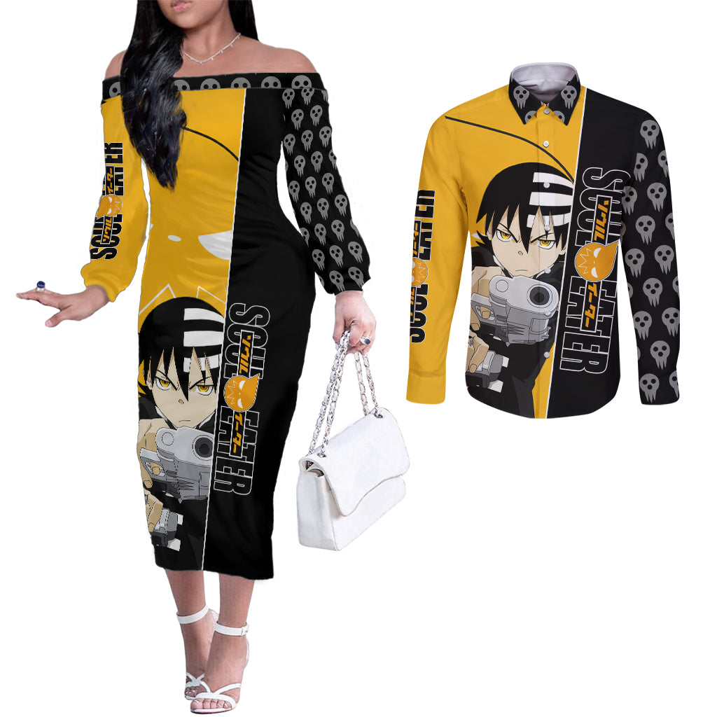 Death the Kid Soul Eater Couples Matching Off The Shoulder Long Sleeve Dress and Long Sleeve Button Shirt Anime Art Mix With Skull Pattern Style