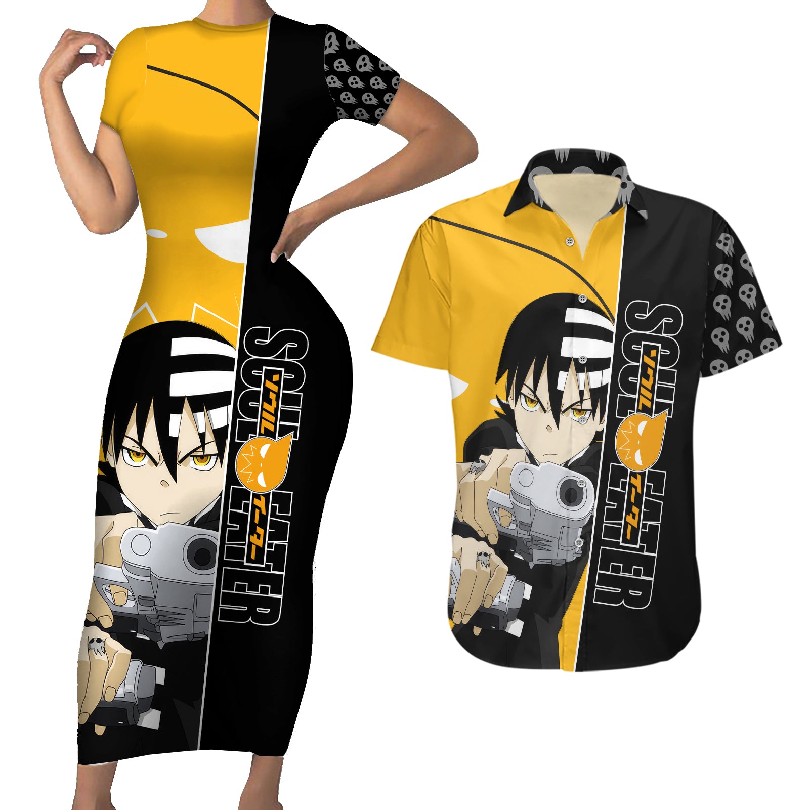 Death the Kid Soul Eater Couples Matching Short Sleeve Bodycon Dress and Hawaiian Shirt Anime Art Mix With Skull Pattern Style