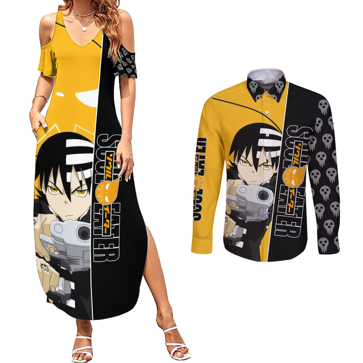 Death the Kid Soul Eater Couples Matching Summer Maxi Dress and Long Sleeve Button Shirt Anime Art Mix With Skull Pattern Style