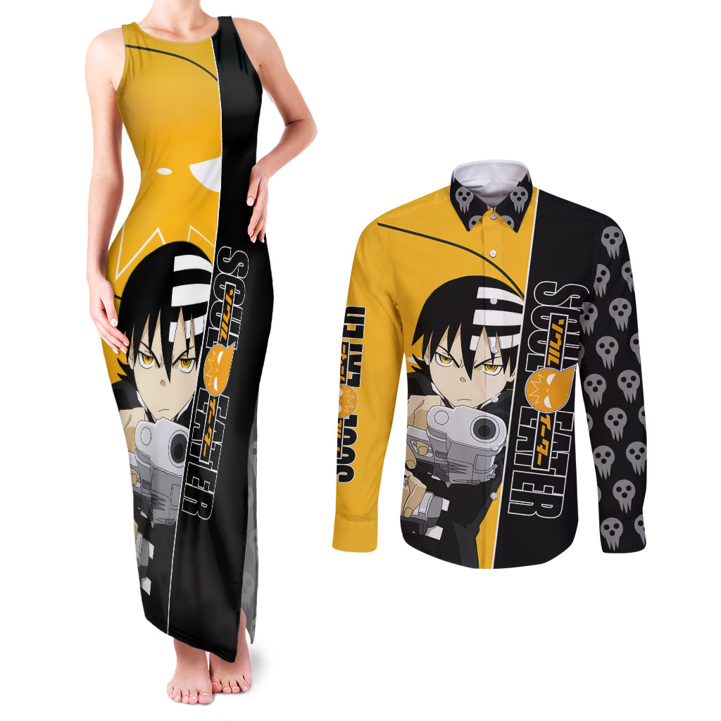 Death the Kid Soul Eater Couples Matching Tank Maxi Dress and Long Sleeve Button Shirt Anime Art Mix With Skull Pattern Style