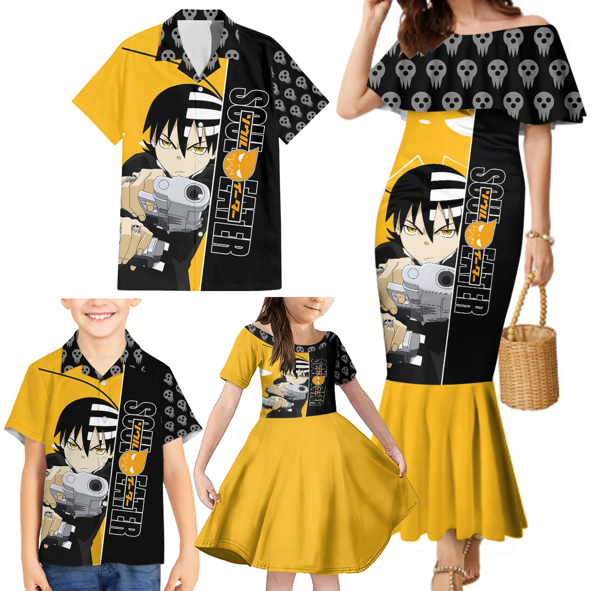 Death the Kid Soul Eater Family Matching Mermaid Dress and Hawaiian Shirt Anime Art Mix With Skull Pattern Style