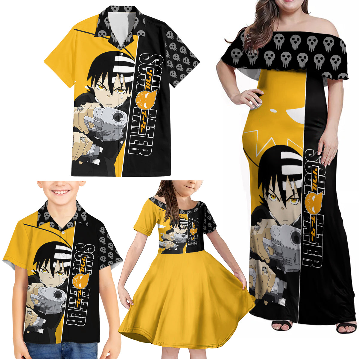 Death the Kid Soul Eater Family Matching Off Shoulder Maxi Dress and Hawaiian Shirt Anime Art Mix With Skull Pattern Style