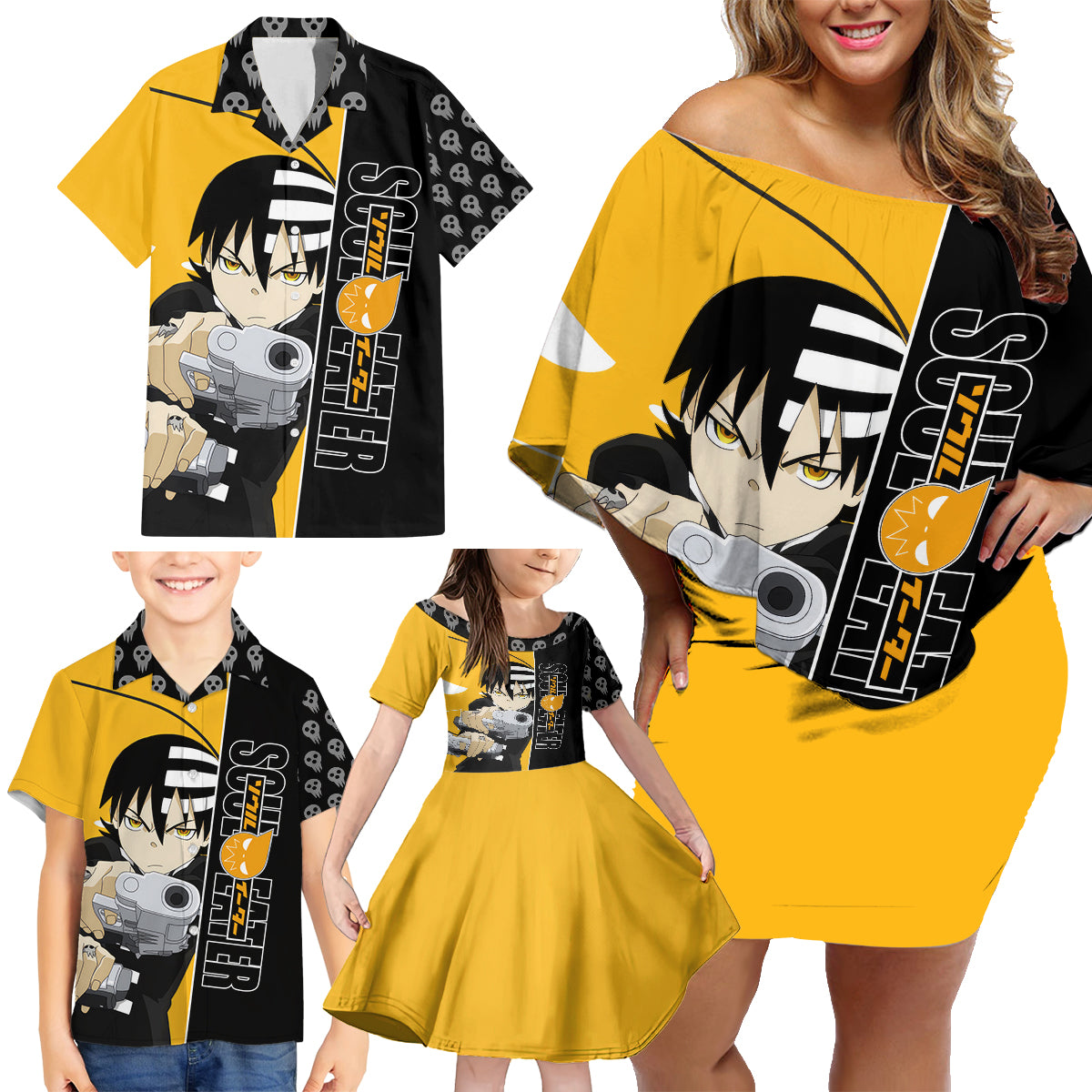 Death the Kid Soul Eater Family Matching Off Shoulder Short Dress and Hawaiian Shirt Anime Art Mix With Skull Pattern Style