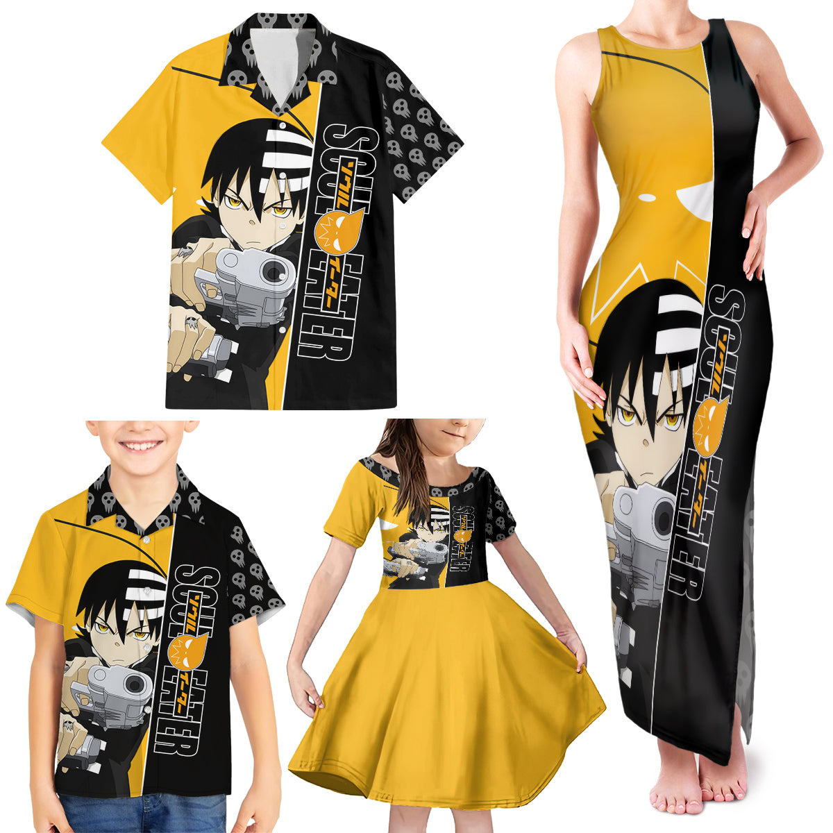 Death the Kid Soul Eater Family Matching Tank Maxi Dress and Hawaiian Shirt Anime Art Mix With Skull Pattern Style