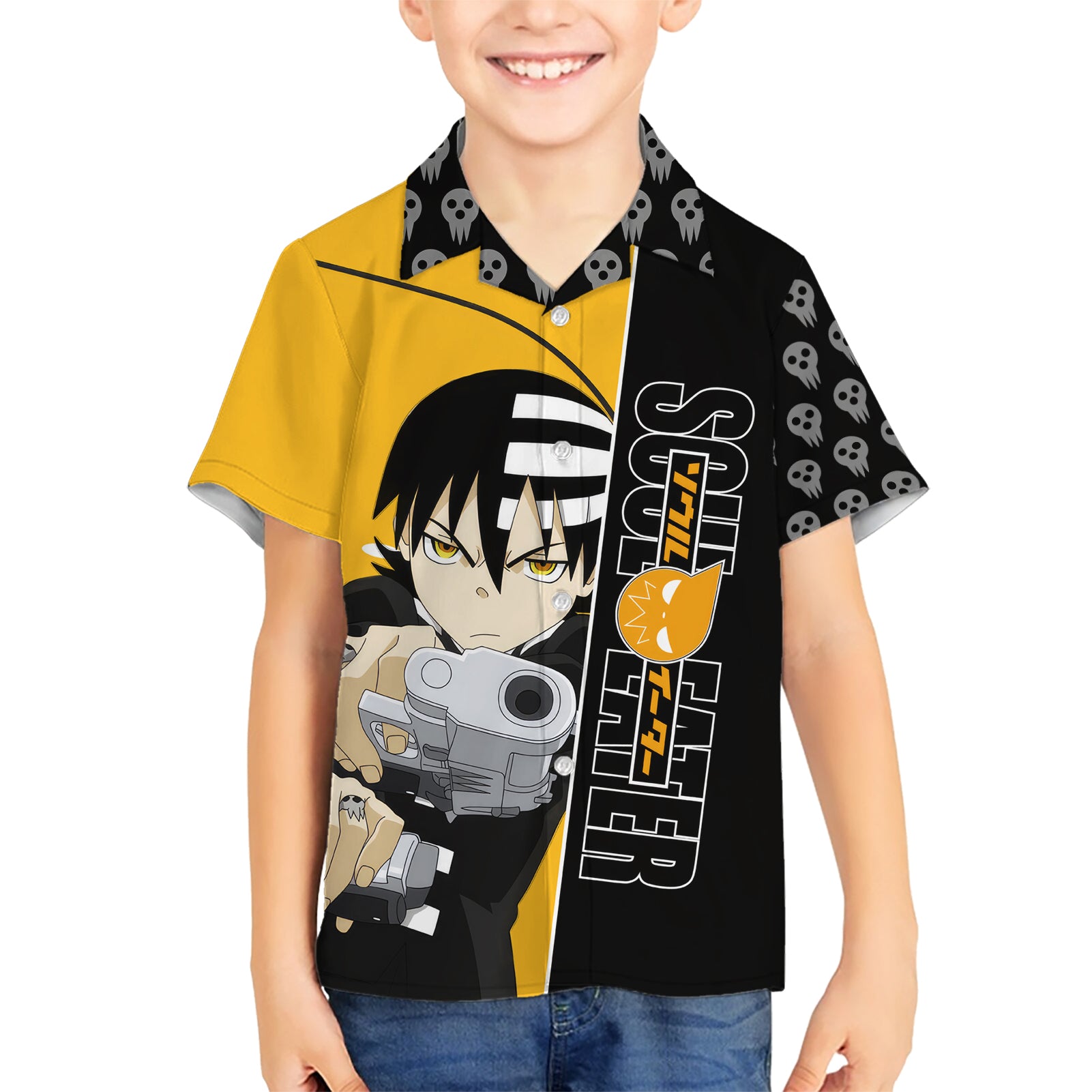 Death the Kid Soul Eater Kid Hawaiian Shirt Anime Art Mix With Skull Pattern Style