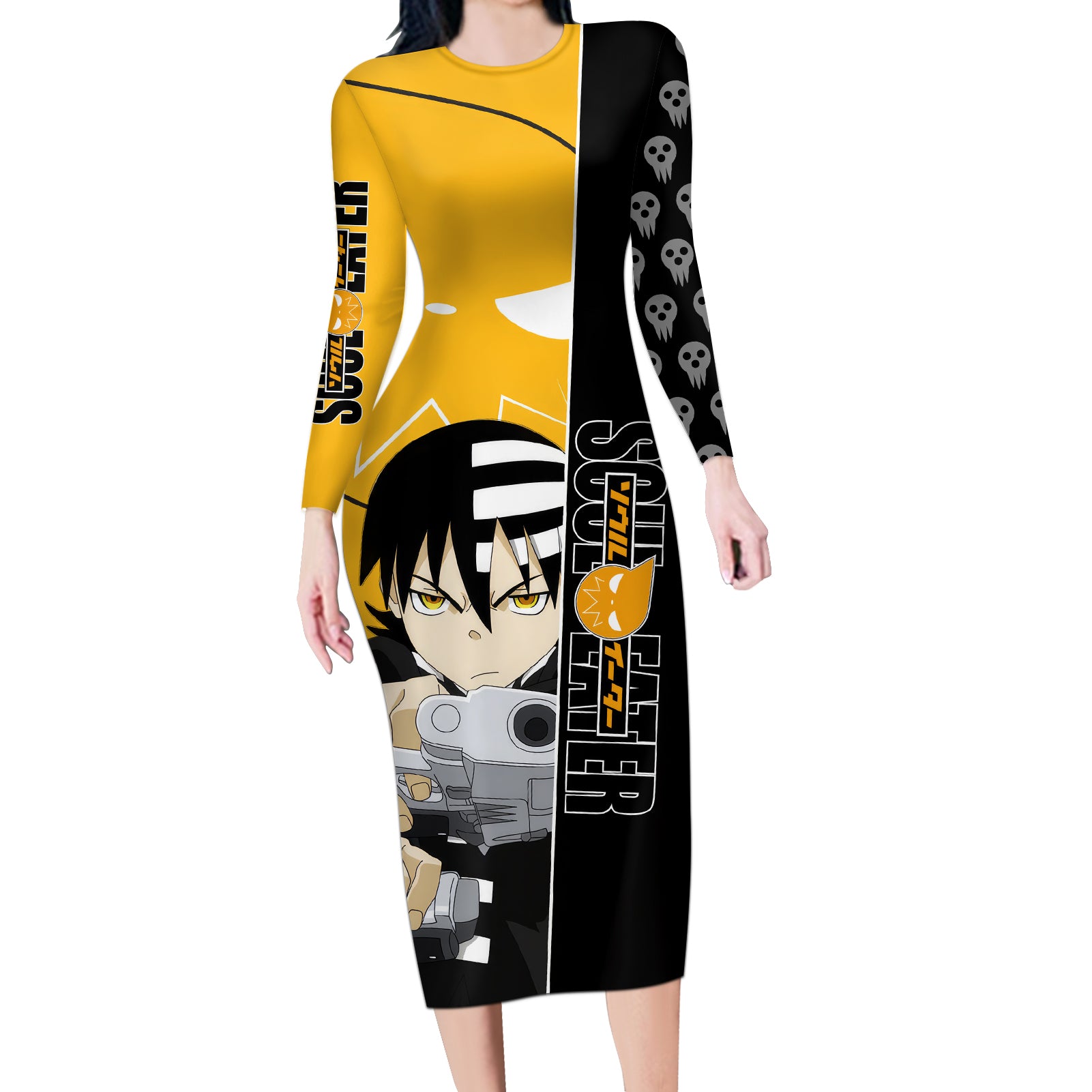 Death the Kid Soul Eater Long Sleeve Bodycon Dress Anime Art Mix With Skull Pattern Style