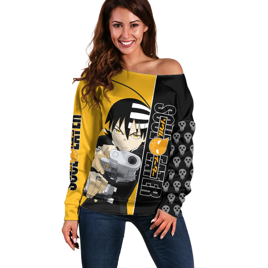 Death the Kid Soul Eater Off Shoulder Sweater Anime Art Mix With Skull Pattern Style