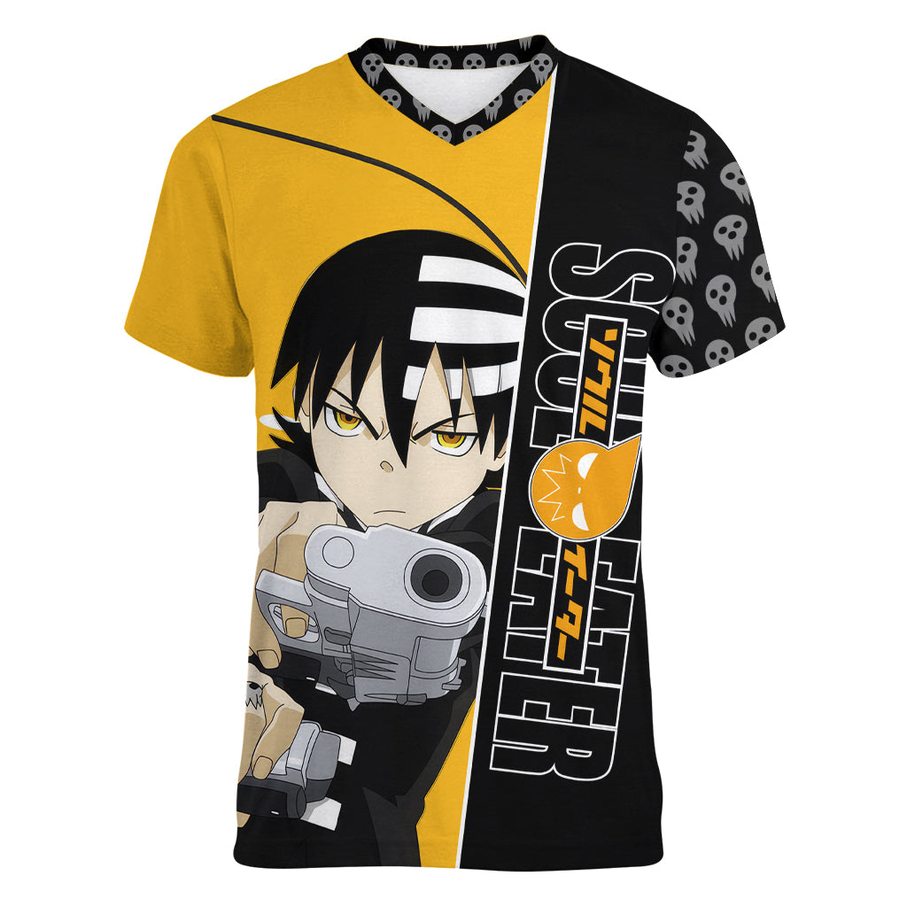 Death the Kid Soul Eater Women V-Neck T-Shirt Anime Art Mix With Skull Pattern Style