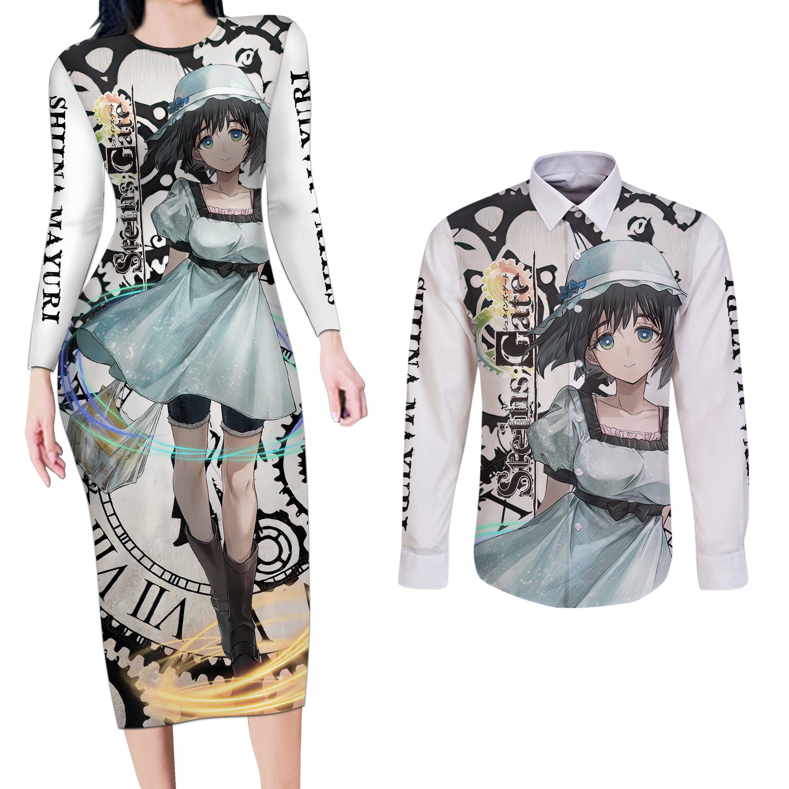 Shiina Mayuri - Steins Gate Couples Matching Long Sleeve Bodycon Dress and Long Sleeve Button Shirt Anime Style