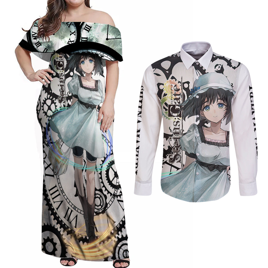 Shiina Mayuri - Steins Gate Couples Matching Off Shoulder Maxi Dress and Long Sleeve Button Shirt Anime Style