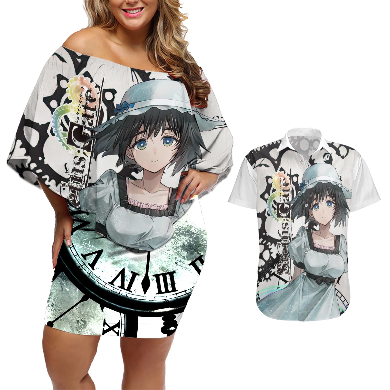 Shiina Mayuri - Steins Gate Couples Matching Off Shoulder Short Dress and Hawaiian Shirt Anime Style