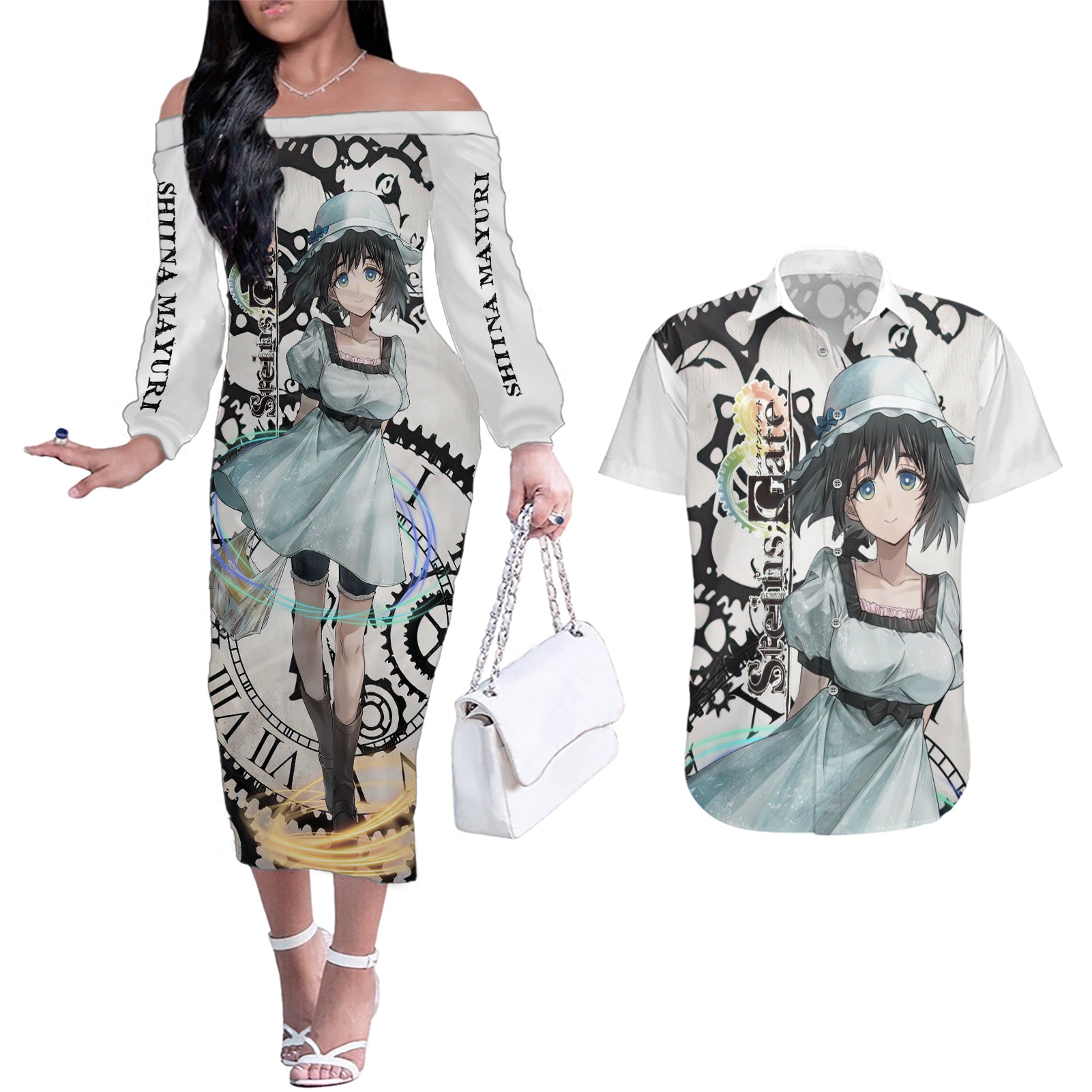 Shiina Mayuri - Steins Gate Couples Matching Off The Shoulder Long Sleeve Dress and Hawaiian Shirt Anime Style