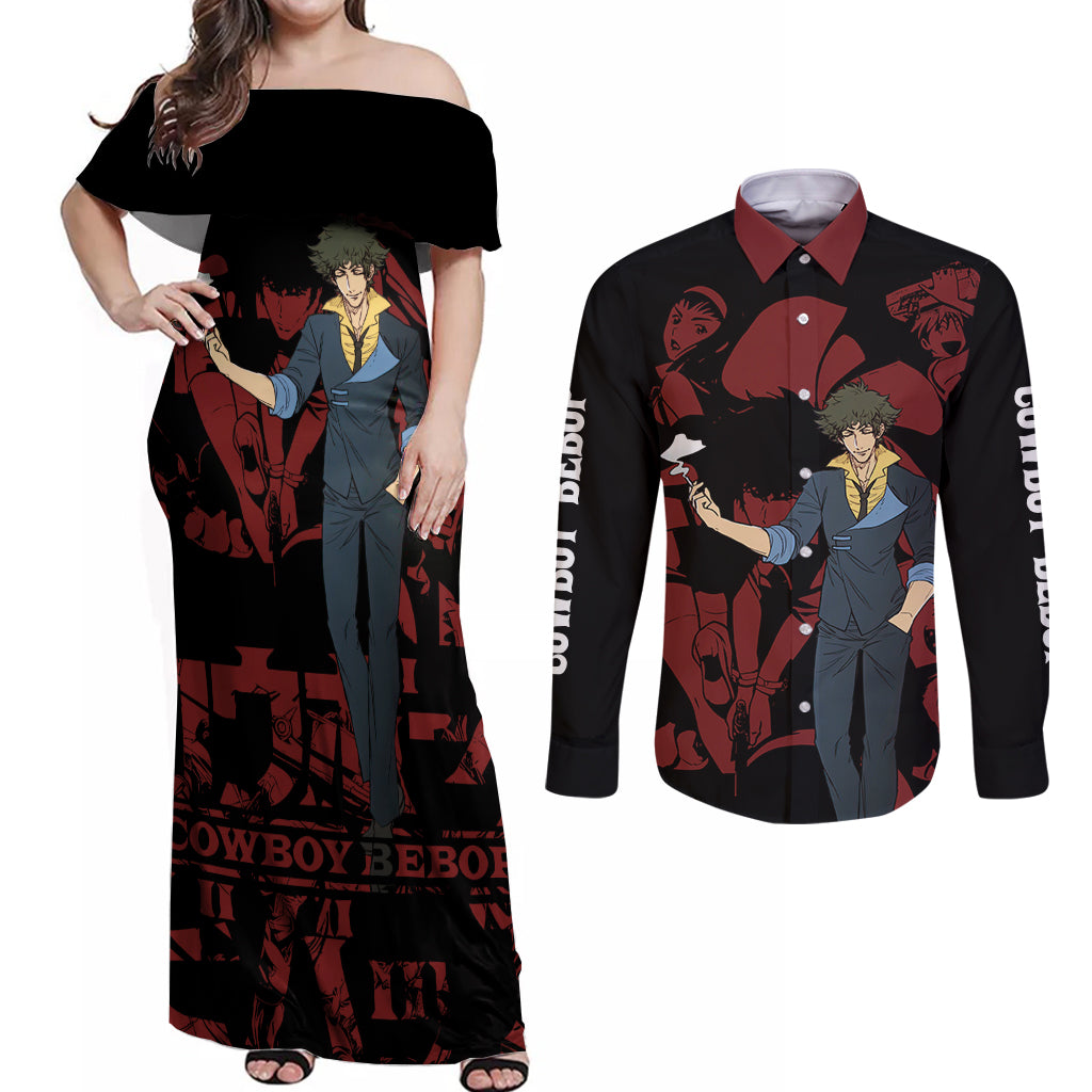 Bebop - Cowboy Bebop Couples Matching Off Shoulder Maxi Dress and Long Sleeve Button Shirt Anime Mix Manga Style