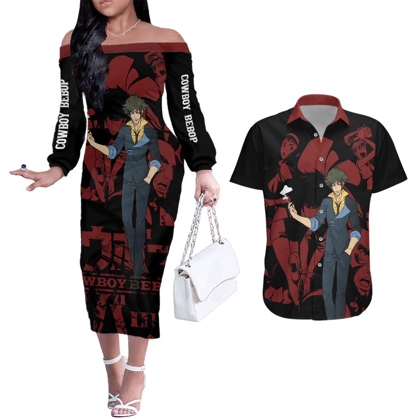 Bebop - Cowboy Bebop Couples Matching Off The Shoulder Long Sleeve Dress and Hawaiian Shirt Anime Mix Manga Style