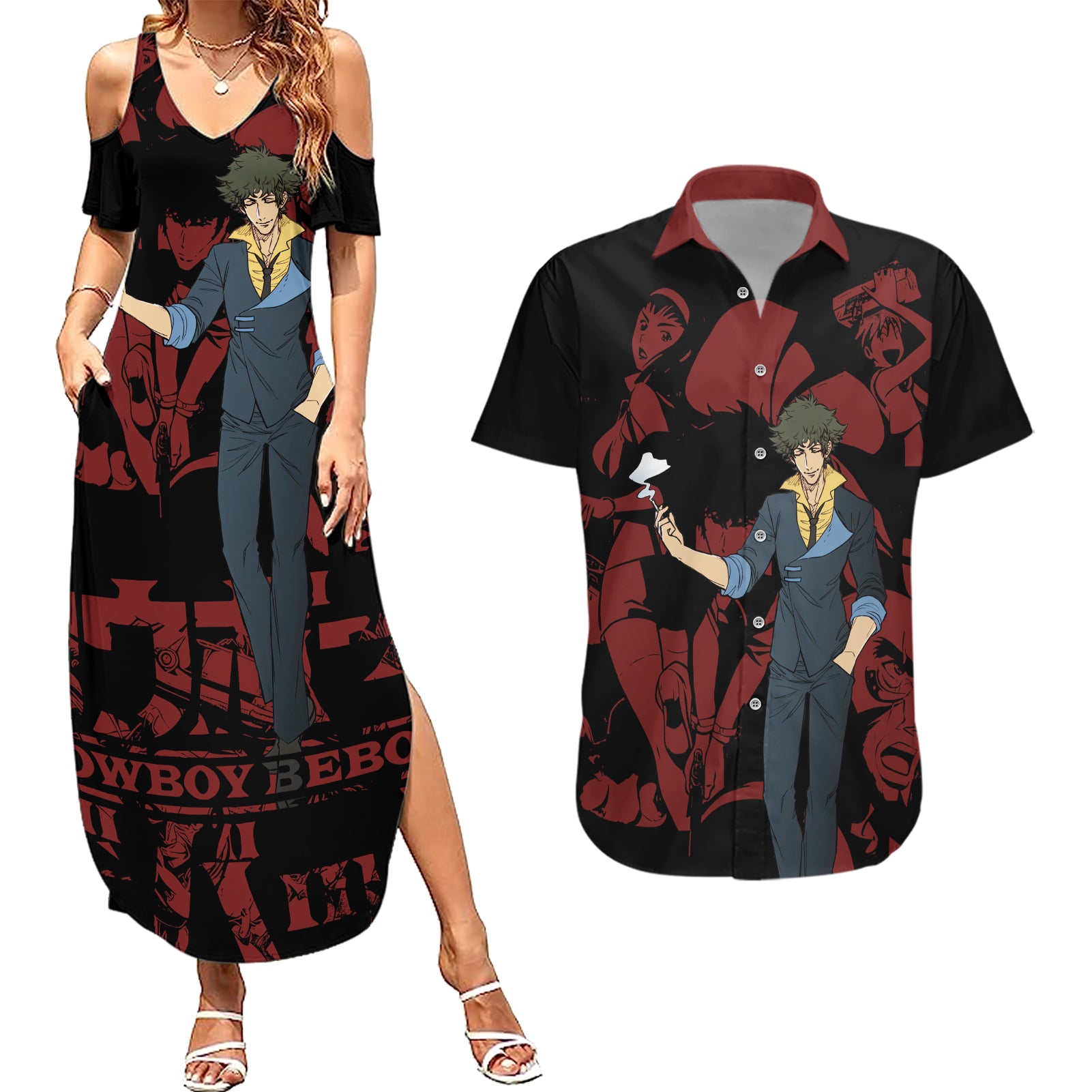 Bebop - Cowboy Bebop Couples Matching Summer Maxi Dress and Hawaiian Shirt Anime Mix Manga Style