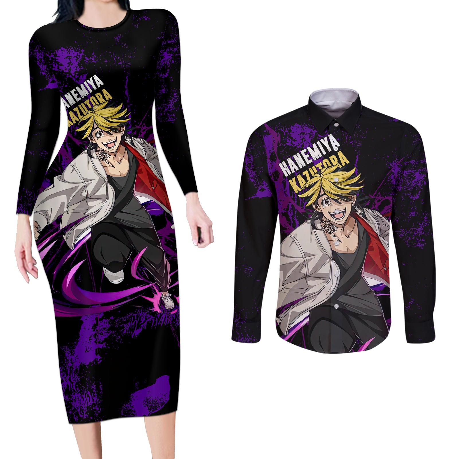 Hanemiya Kazutora Couples Matching Long Sleeve Bodycon Dress and Long Sleeve Button Shirt Anime Style