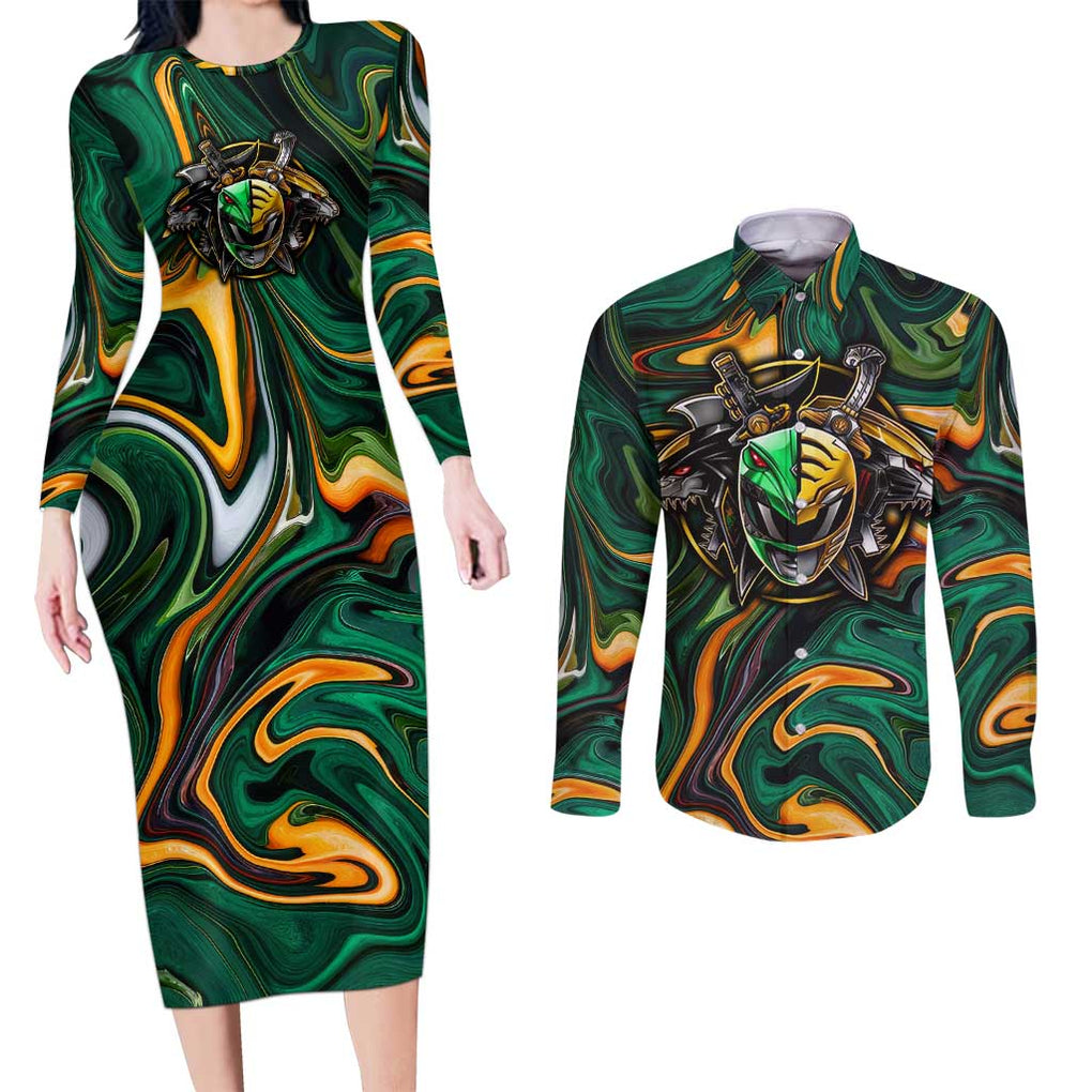 Trippy Green White Power Rangers Couples Matching Long Sleeve Bodycon Dress and Long Sleeve Button Shirt Anime Style