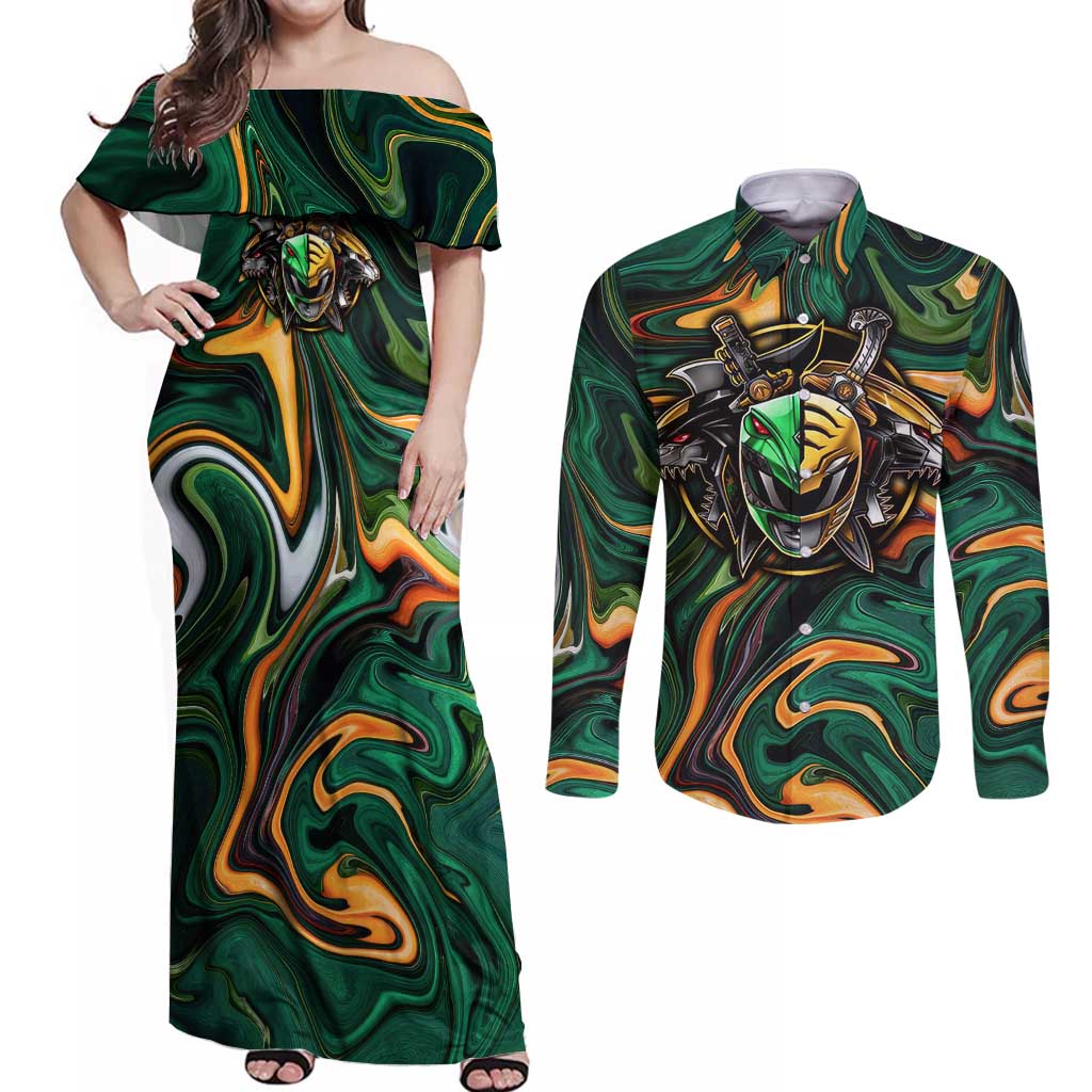 Trippy Green White Power Rangers Couples Matching Off Shoulder Maxi Dress and Long Sleeve Button Shirt Anime Style