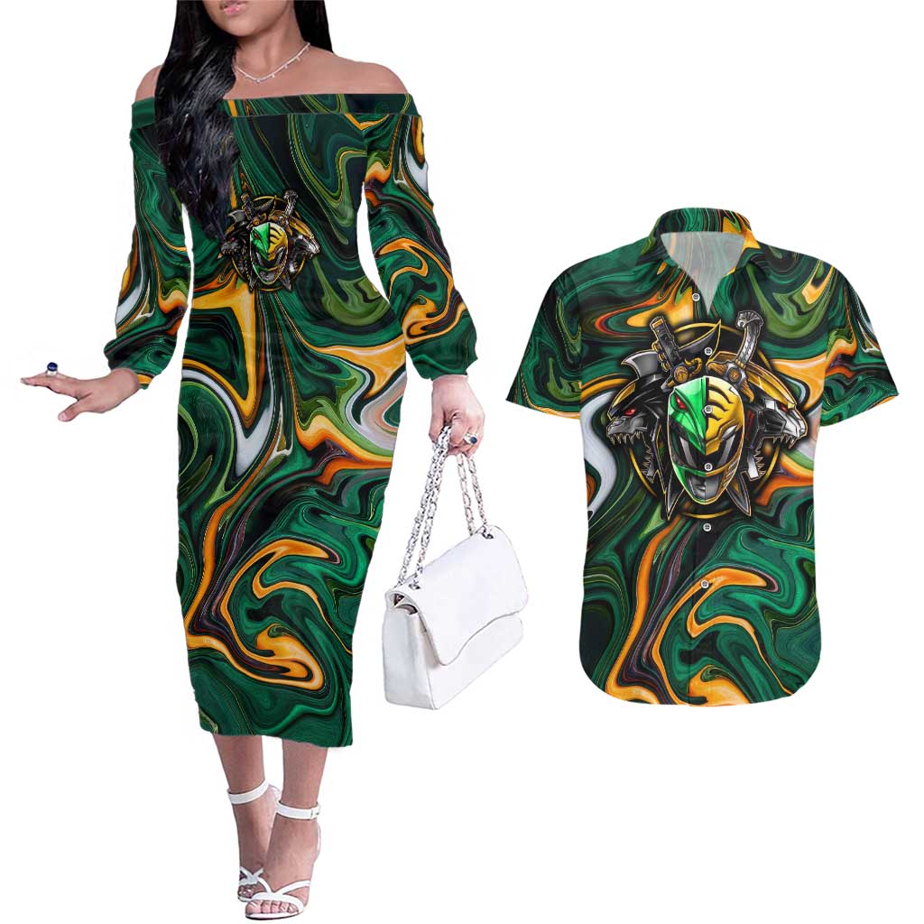 Trippy Green White Power Rangers Couples Matching Off The Shoulder Long Sleeve Dress and Hawaiian Shirt Anime Style