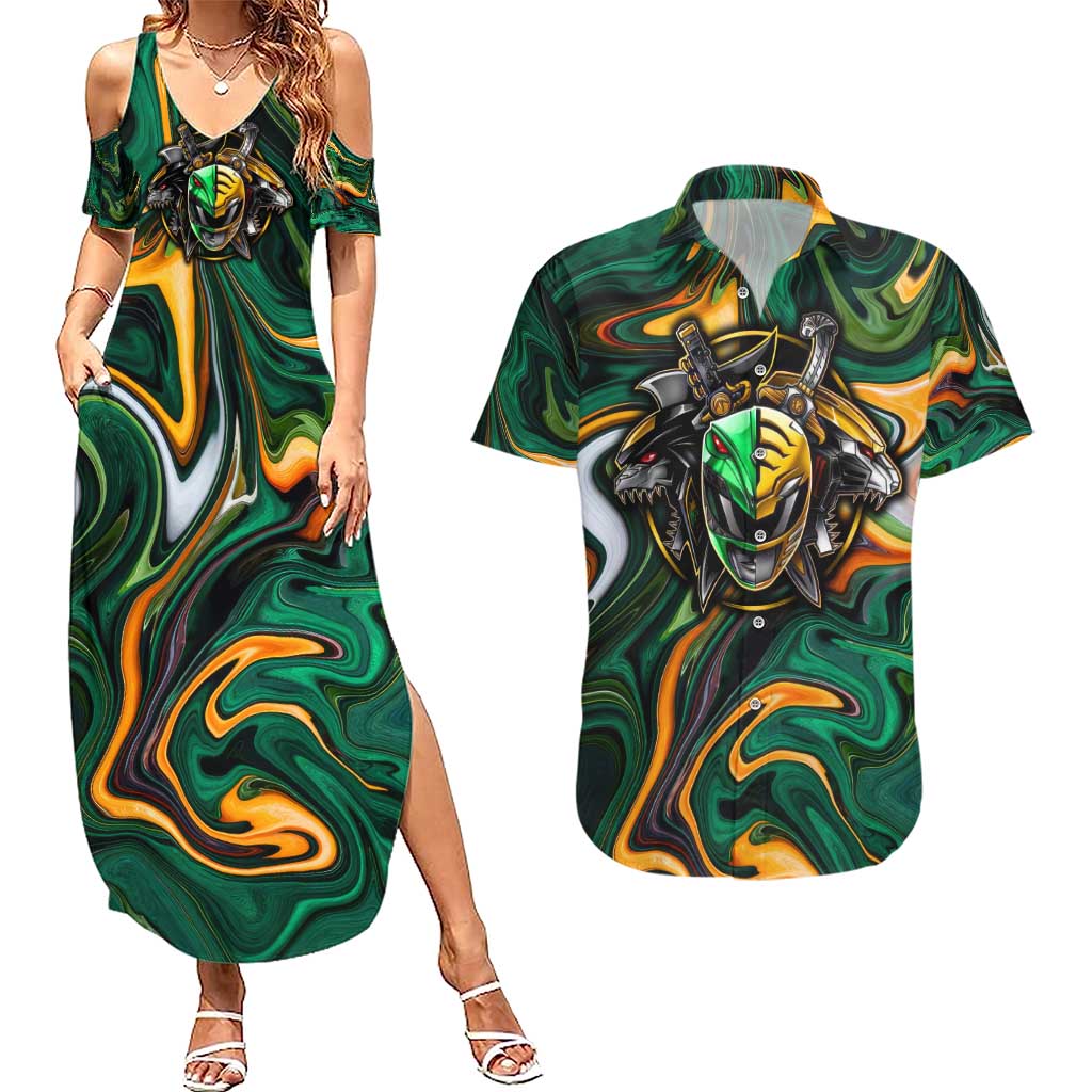 Trippy Green White Power Rangers Couples Matching Summer Maxi Dress and Hawaiian Shirt Anime Style