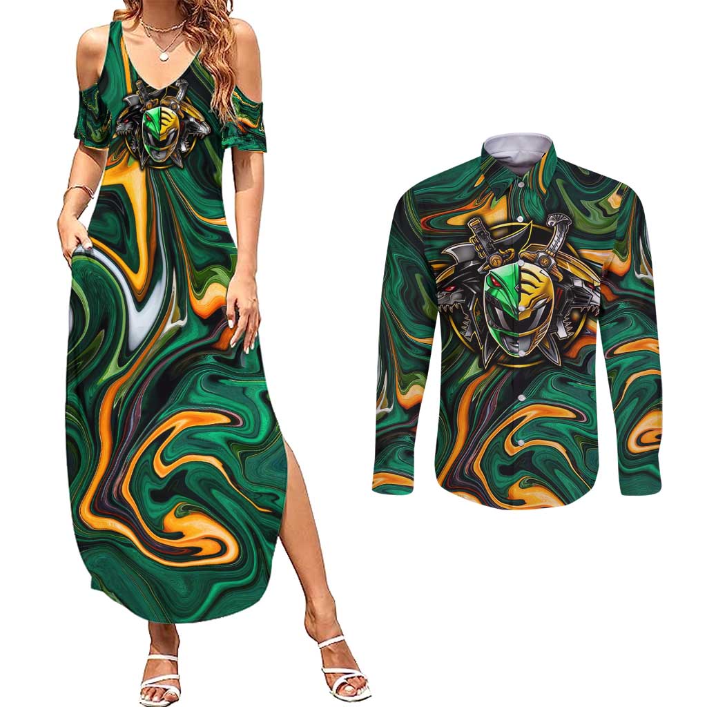 Trippy Green White Power Rangers Couples Matching Summer Maxi Dress and Long Sleeve Button Shirt Anime Style