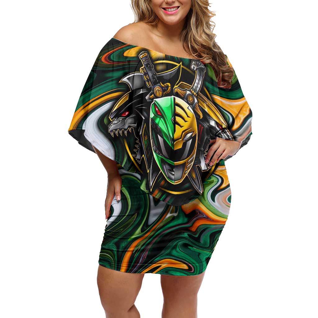 Trippy Green White Power Rangers Off Shoulder Short Dress Anime Style