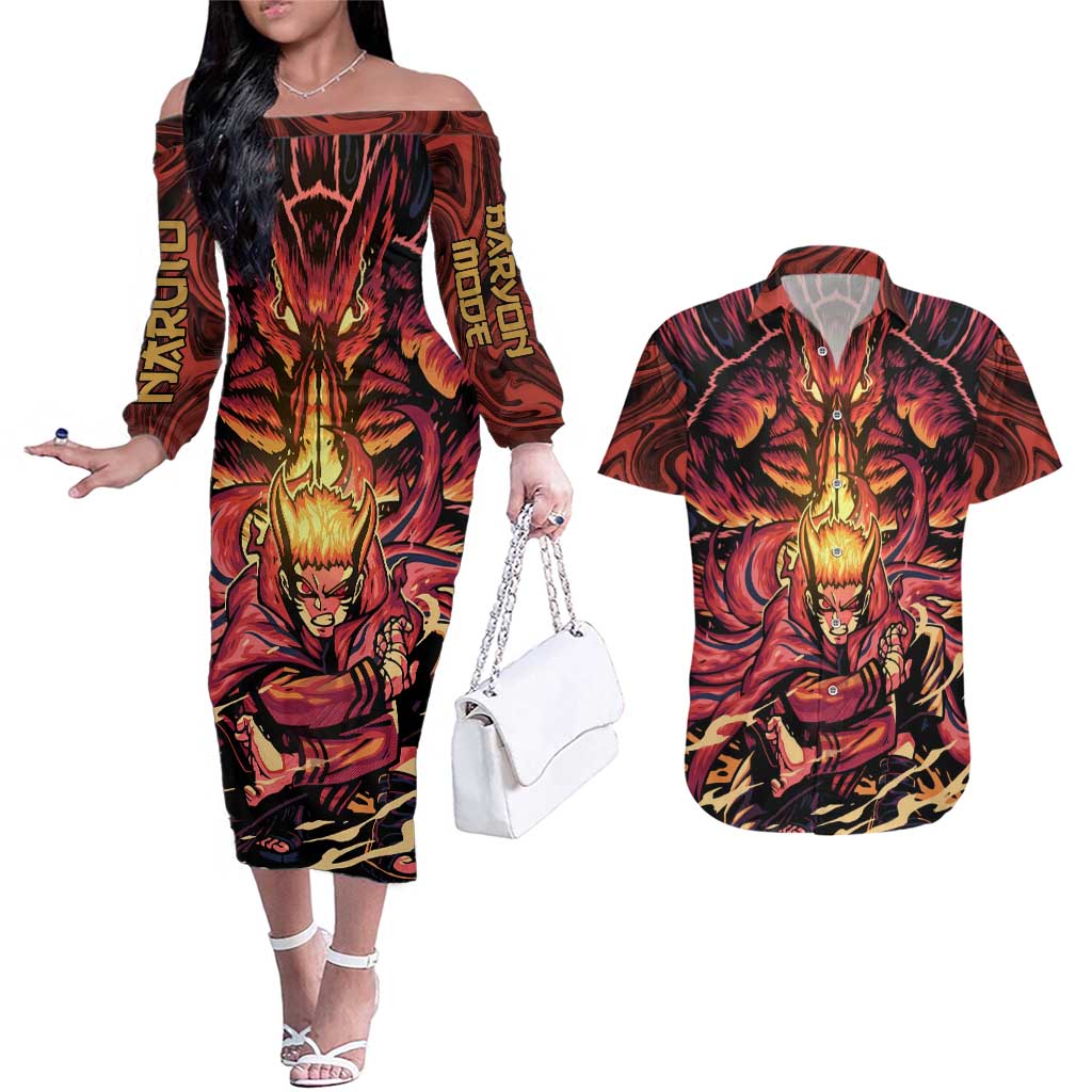 Trippy Naruto Baryon Mode Boruto Couples Matching Off The Shoulder Long Sleeve Dress and Hawaiian Shirt Anime Style