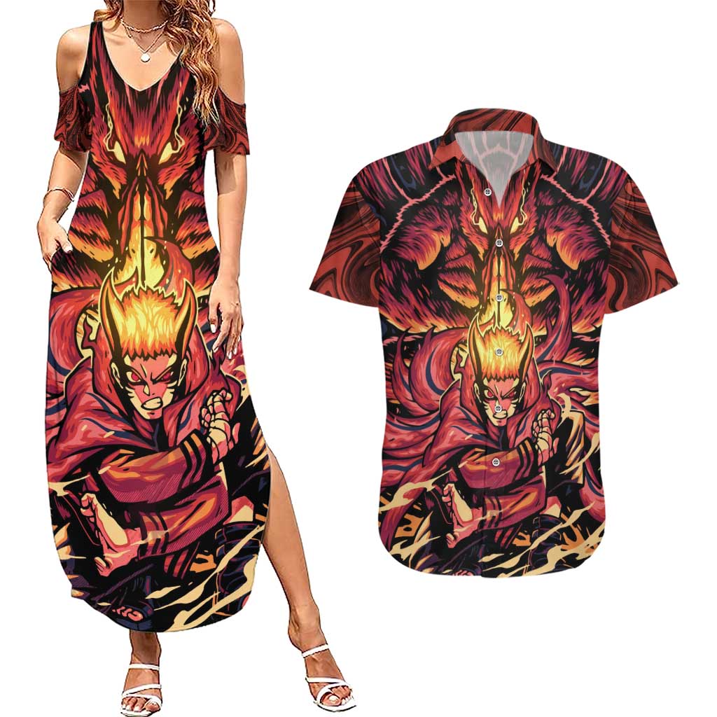 Trippy Naruto Baryon Mode Boruto Couples Matching Summer Maxi Dress and Hawaiian Shirt Anime Style