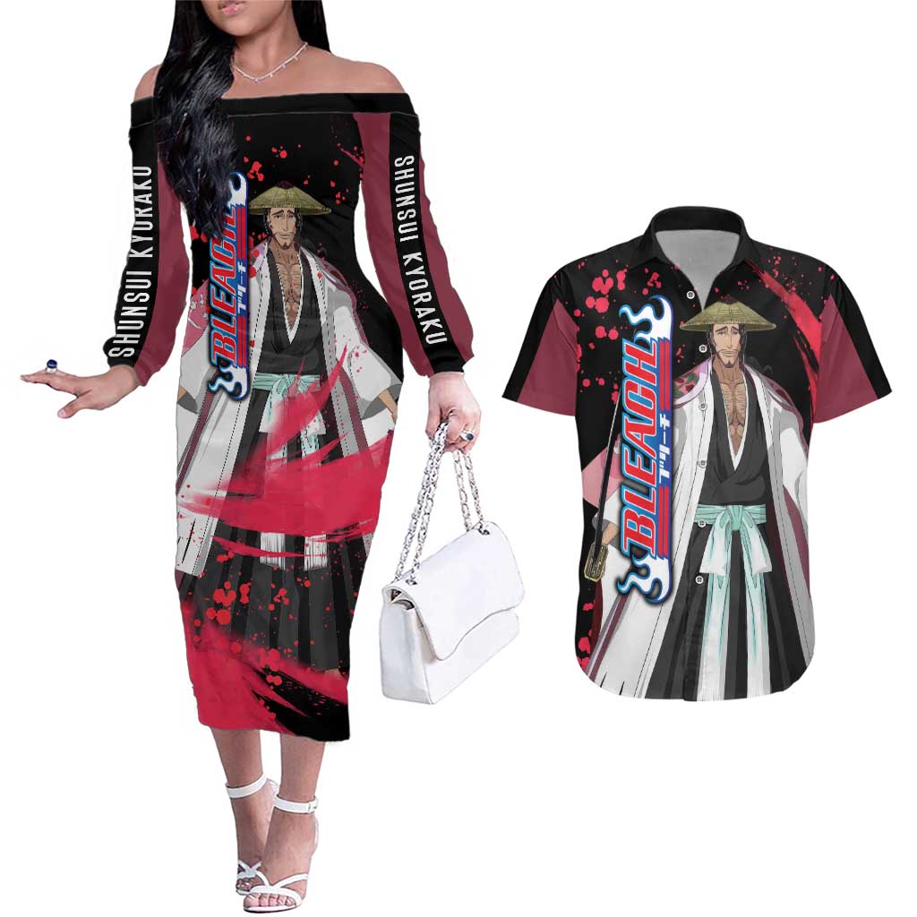 Shunsui Kyoraku - Bleach Couples Matching Off The Shoulder Long Sleeve Dress and Hawaiian Shirt Anime Style