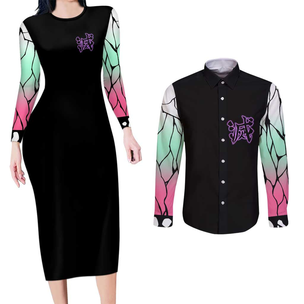 Kocho Shinobu Demon Slayer Couples Matching Long Sleeve Bodycon Dress and Long Sleeve Button Shirt Anime Style