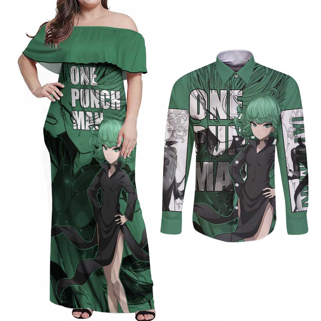 Tatsumaki - One Punch Man Couples Matching Off Shoulder Maxi Dress and Long Sleeve Button Shirt Anime Style