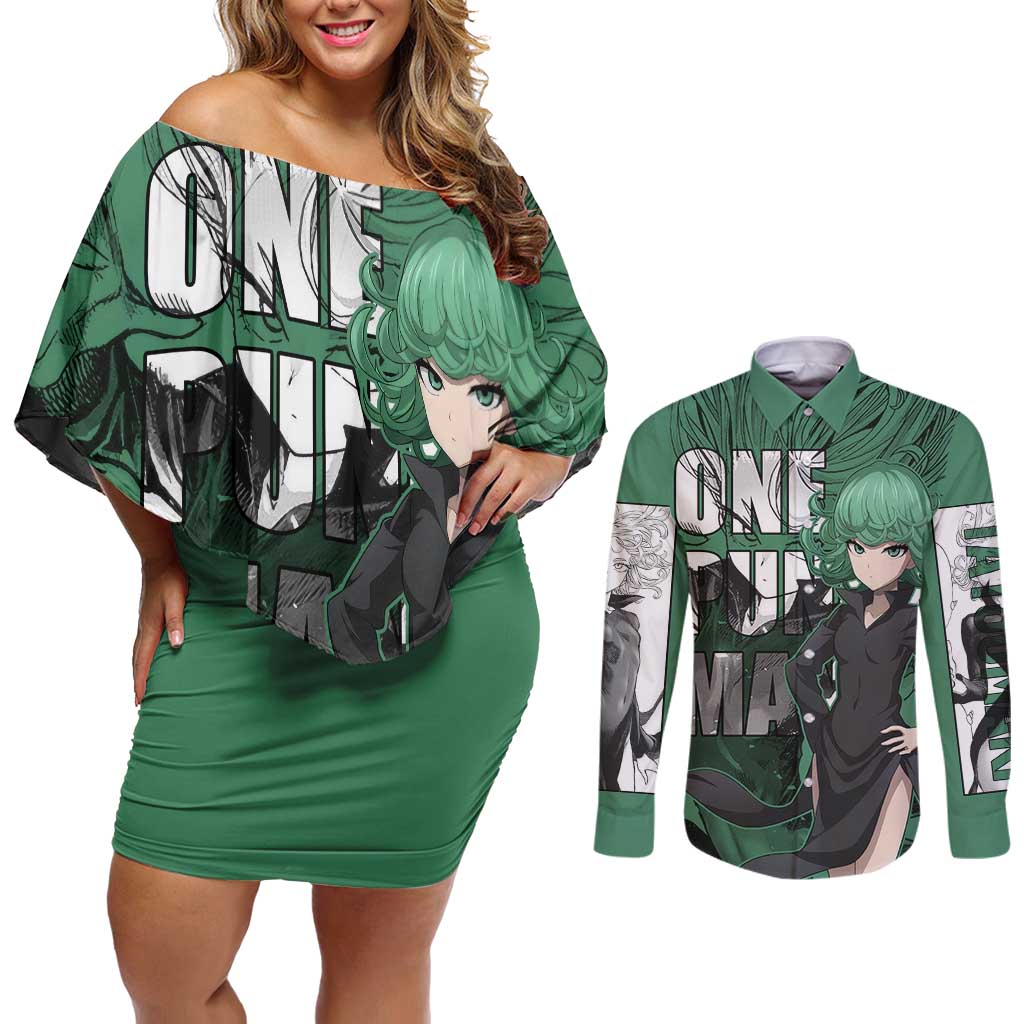 Tatsumaki - One Punch Man Couples Matching Off Shoulder Short Dress and Long Sleeve Button Shirt Anime Style