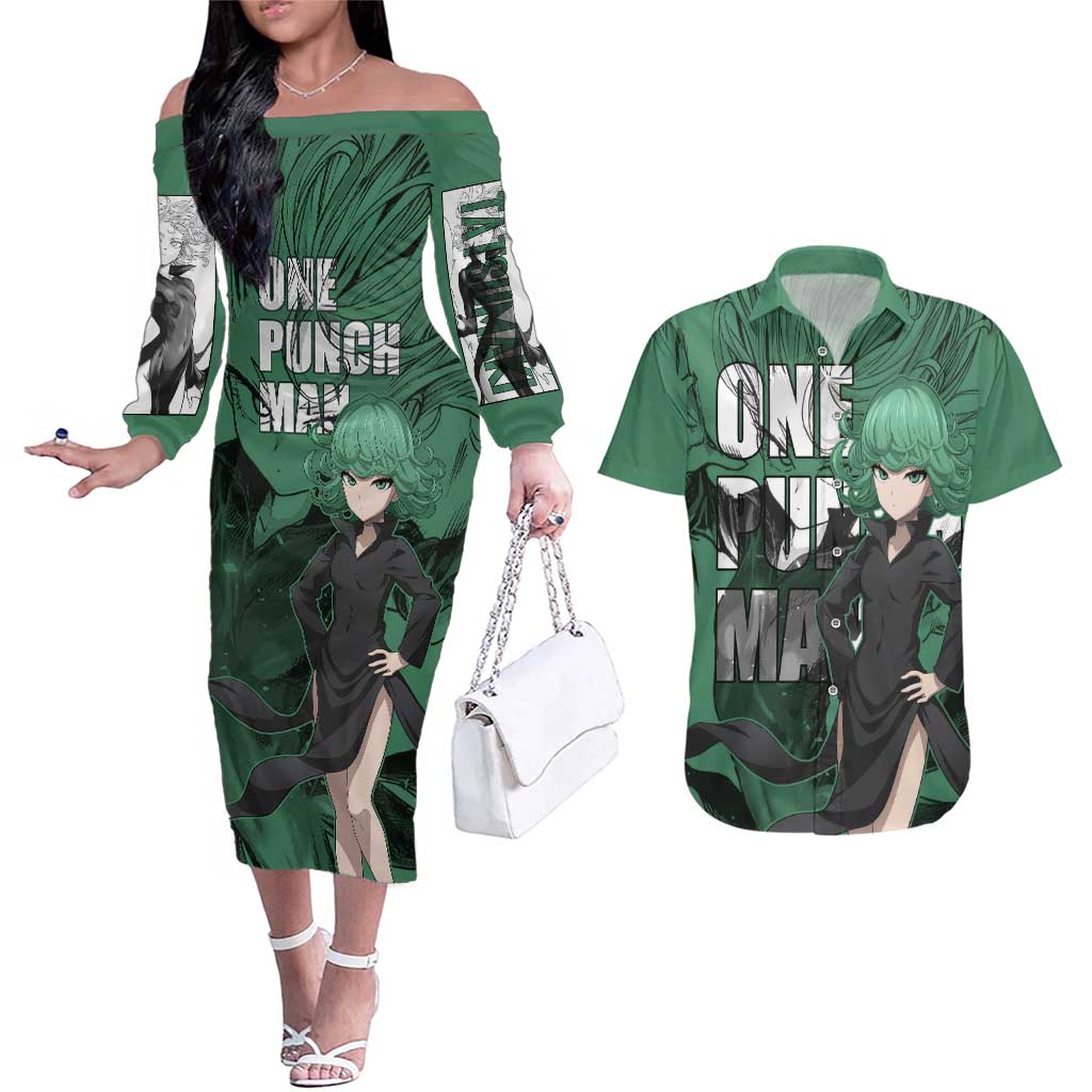 Tatsumaki - One Punch Man Couples Matching Off The Shoulder Long Sleeve Dress and Hawaiian Shirt Anime Style