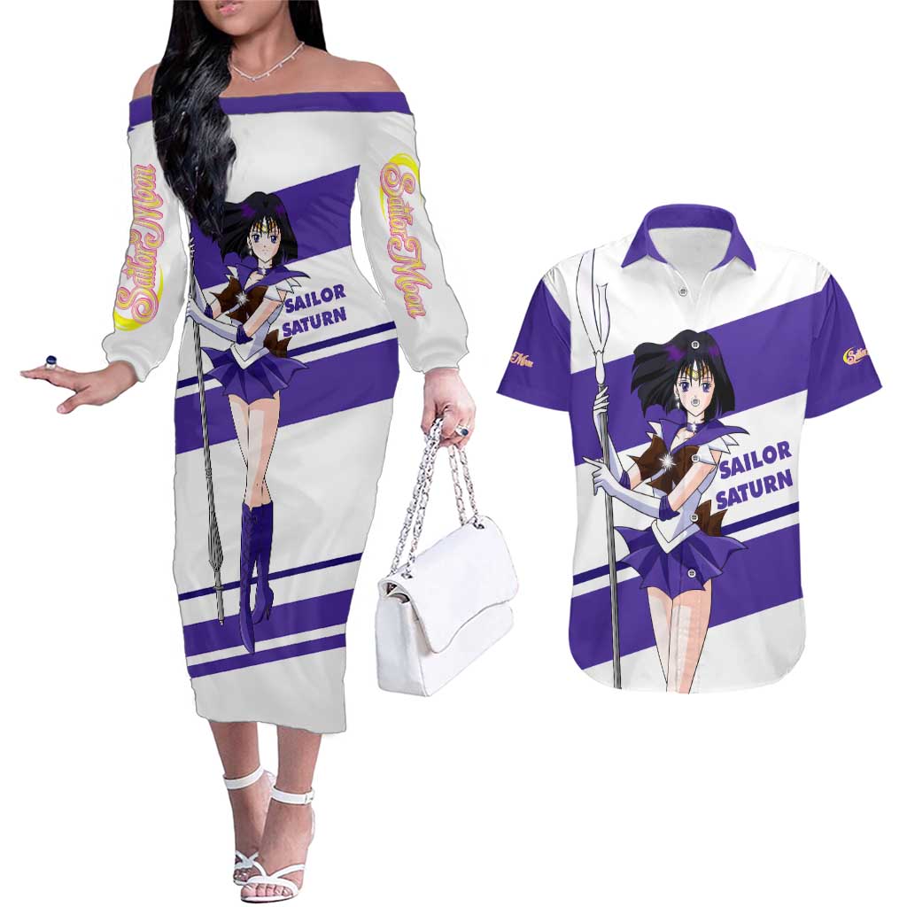 Sailor Saturn - Sailor Moon Couples Matching Off The Shoulder Long Sleeve Dress and Hawaiian Shirt Anime Style