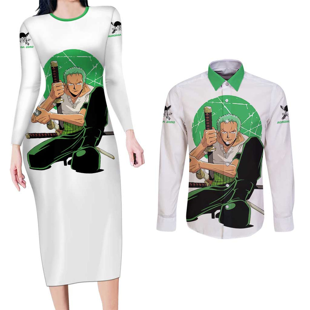 Roronoa Zoro - Straw Hat - One Piece Couples Matching Long Sleeve Bodycon Dress and Long Sleeve Button Shirt Anime Style