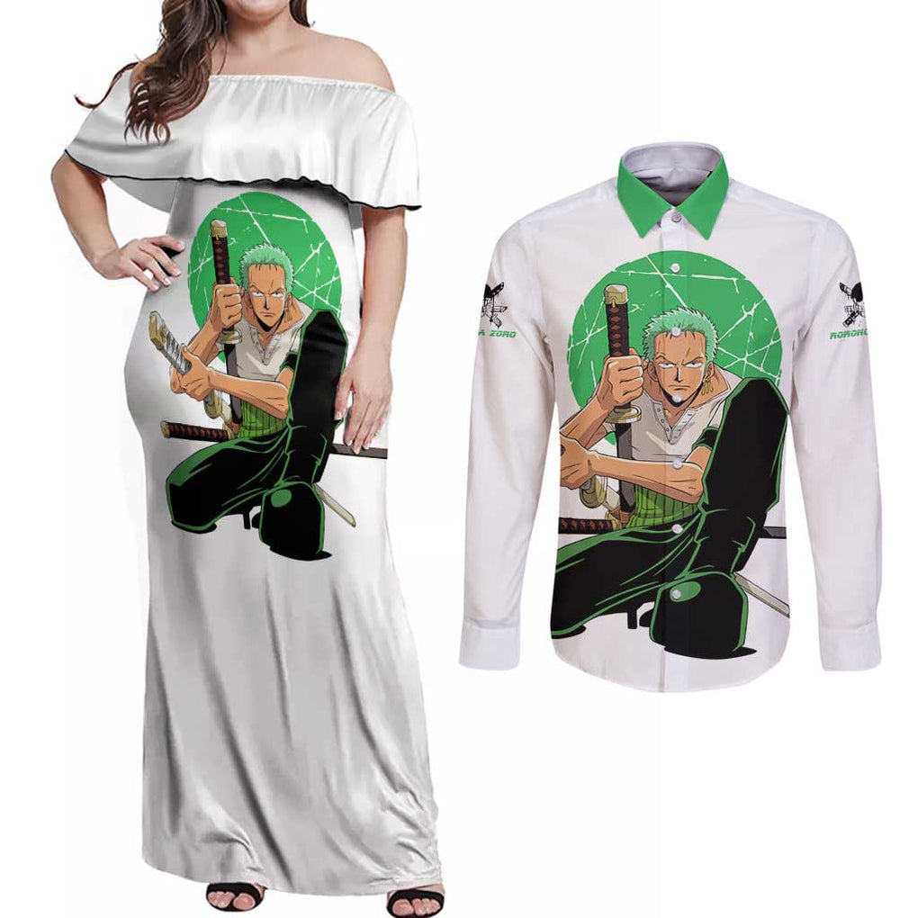 Roronoa Zoro - Straw Hat - One Piece Couples Matching Off Shoulder Maxi Dress and Long Sleeve Button Shirt Anime Style