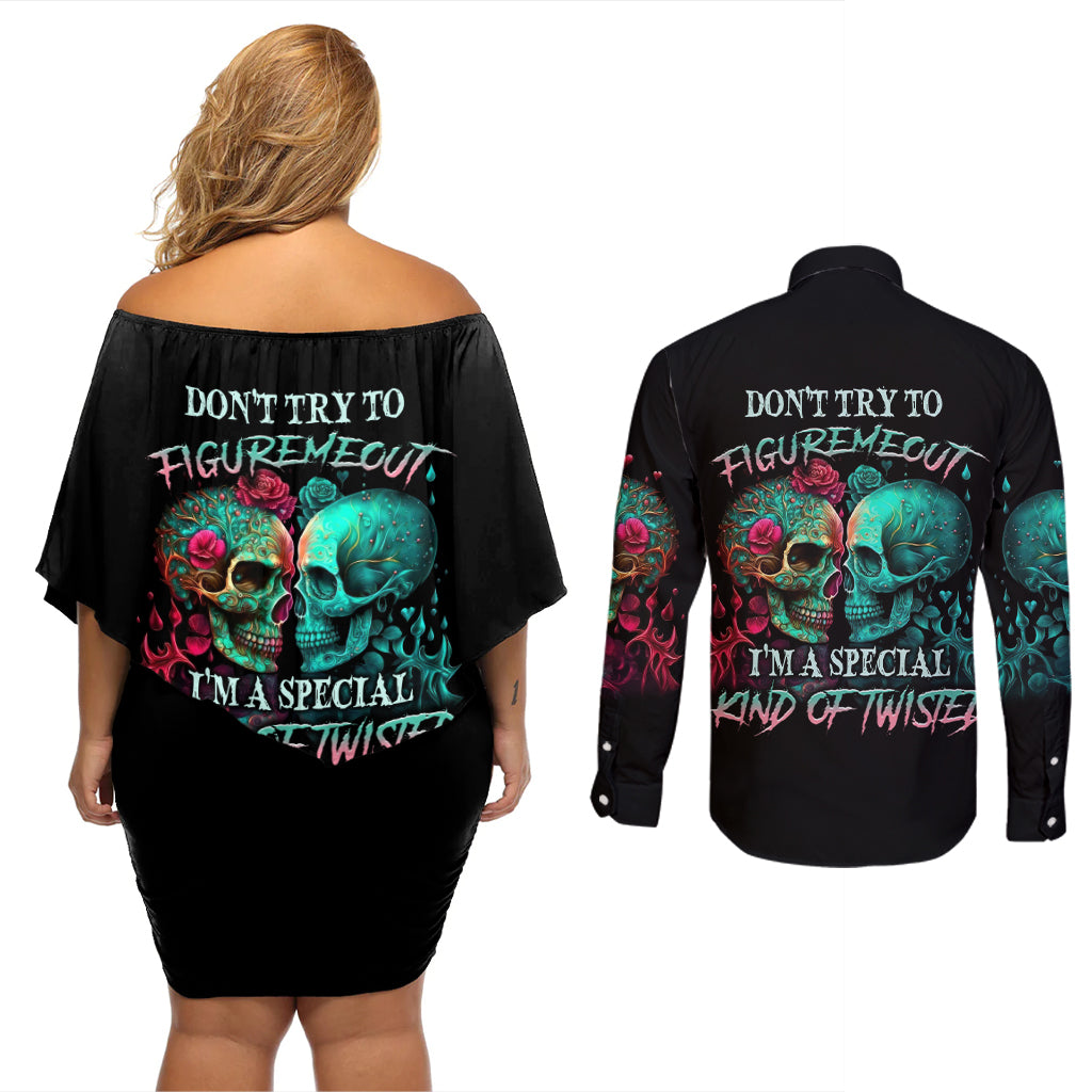 dont-try-to-figure-me-out-skull-couples-matching-off-shoulder-short-dress-and-long-sleeve-button-shirt