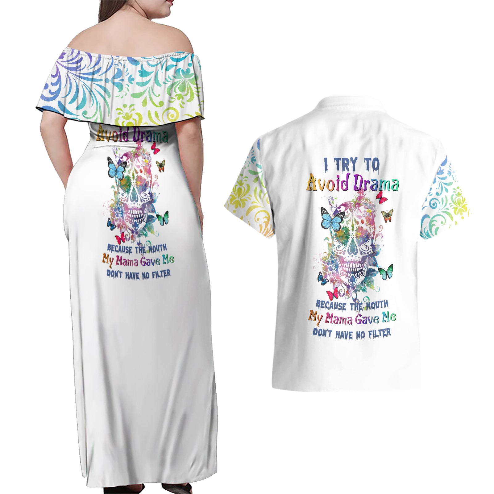 i-try-to-avoid-drama-sugar-skull-colorful-couples-matching-off-shoulder-maxi-dress-and-hawaiian-shirt