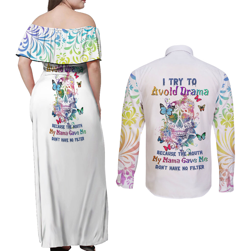 i-try-to-avoid-drama-sugar-skull-colorful-couples-matching-off-shoulder-maxi-dress-and-long-sleeve-button-shirt