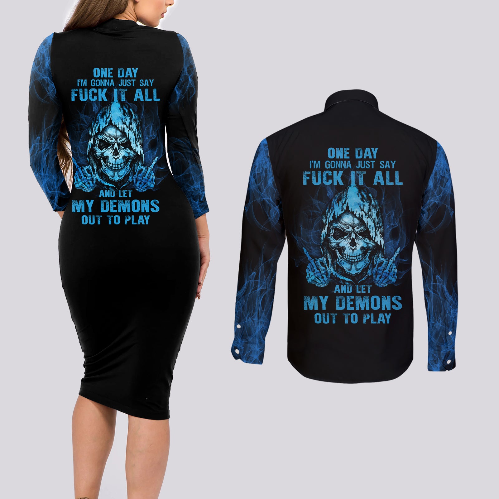 my-demons-out-to-play-skull-couples-matching-long-sleeve-bodycon-dress-and-long-sleeve-button-shirt